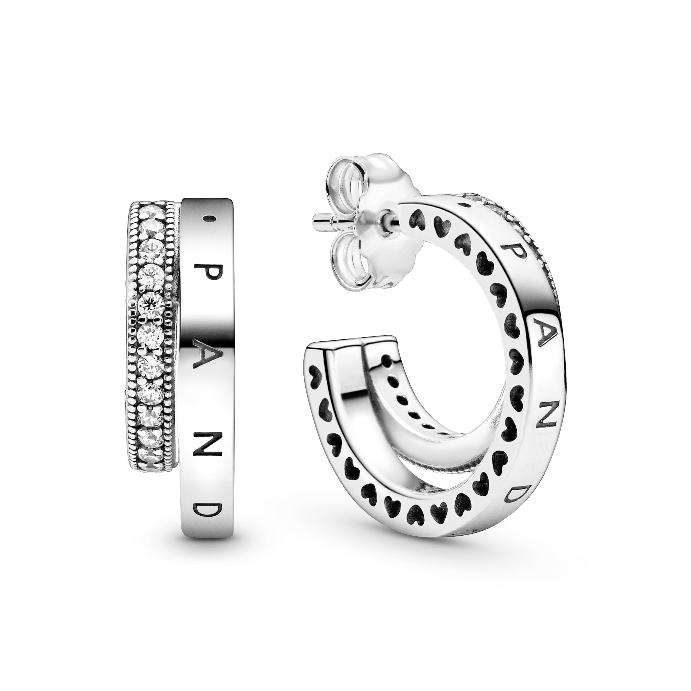 PANDORA Pavé Double Hoop Earrings Cubic Zirconia Silver Statement Ring Jewelry Gift