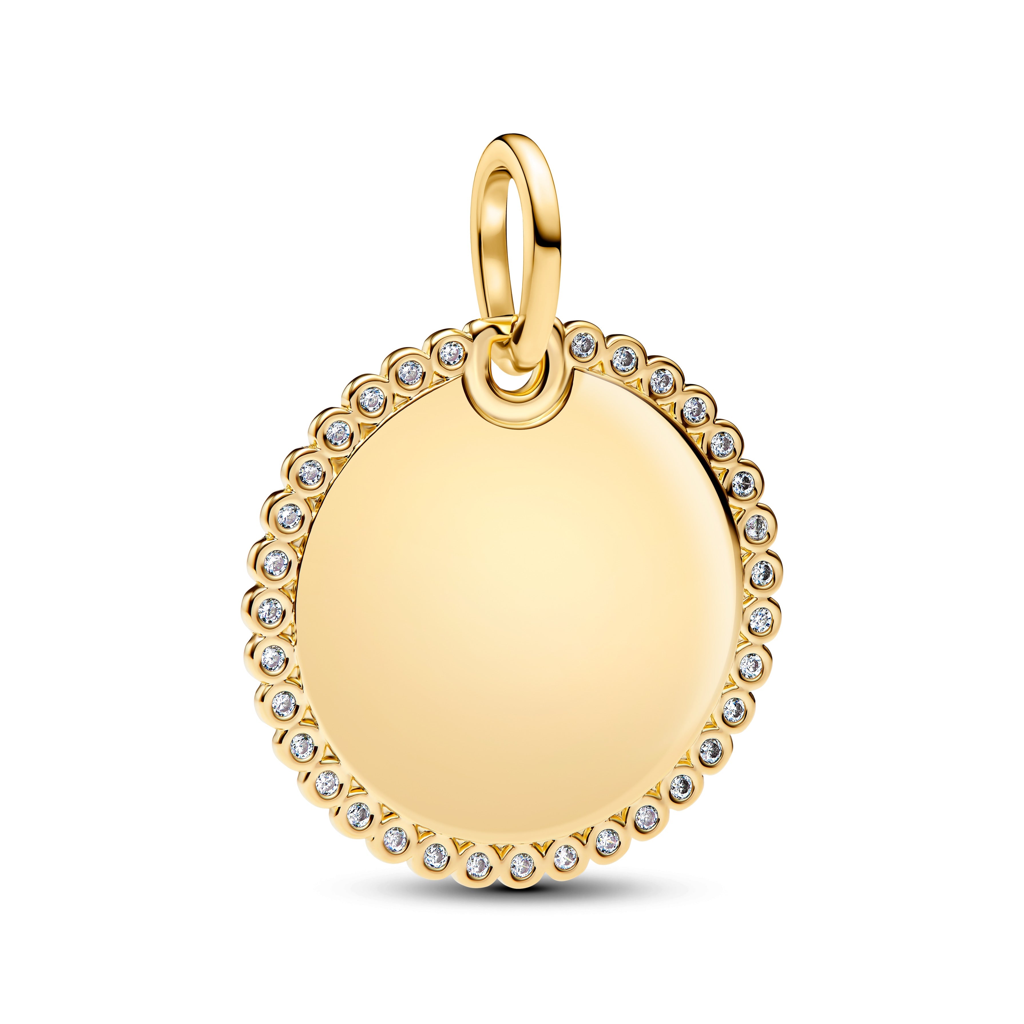 PANDORA Engravable Round Tag Pendant 14K Gold Plated Unique Metal Blend Charms Bracelet Charm Jewelry Gift