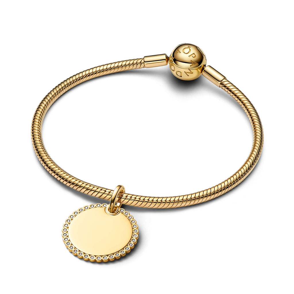 PANDORA Engravable Round Tag Pendant 14K Gold Plated Unique Metal Blend Charms Bracelet Charm Jewelry Gift