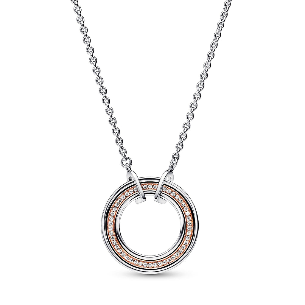PANDORA Signature Two Tone Logo And Pavé Necklace 14K Rose Gold Plated Unique Metal Blend Weddings Necklaces And Pendants Pendant Necklace Jewelry