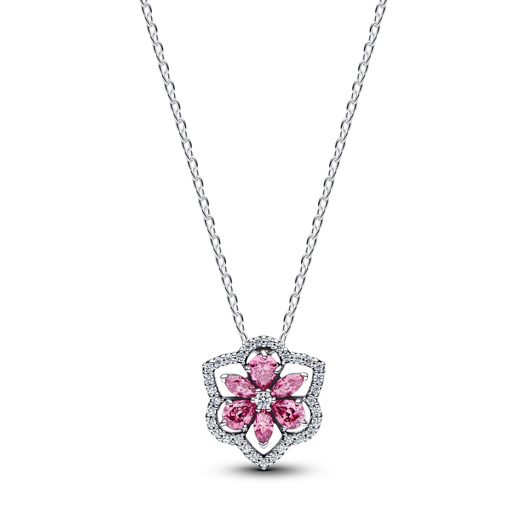 PANDORA Herbarium Sparkling Pink Flower Pendant Necklace Cubic Zirconia Flowers Necklaces Jewelry Gift