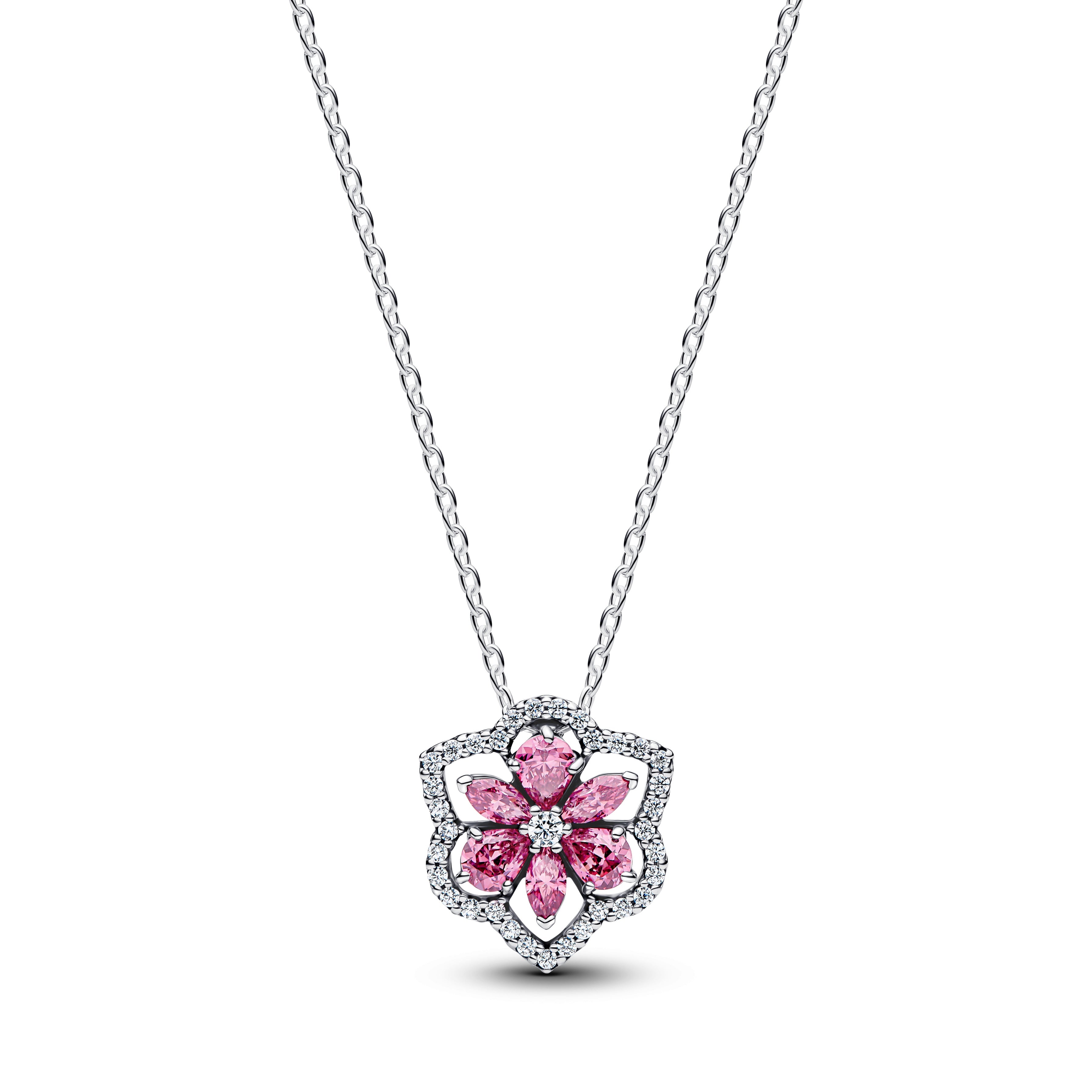 PANDORA Herbarium Sparkling Pink Flower Pendant Necklace Cubic Zirconia Flowers Necklaces Jewelry Gift