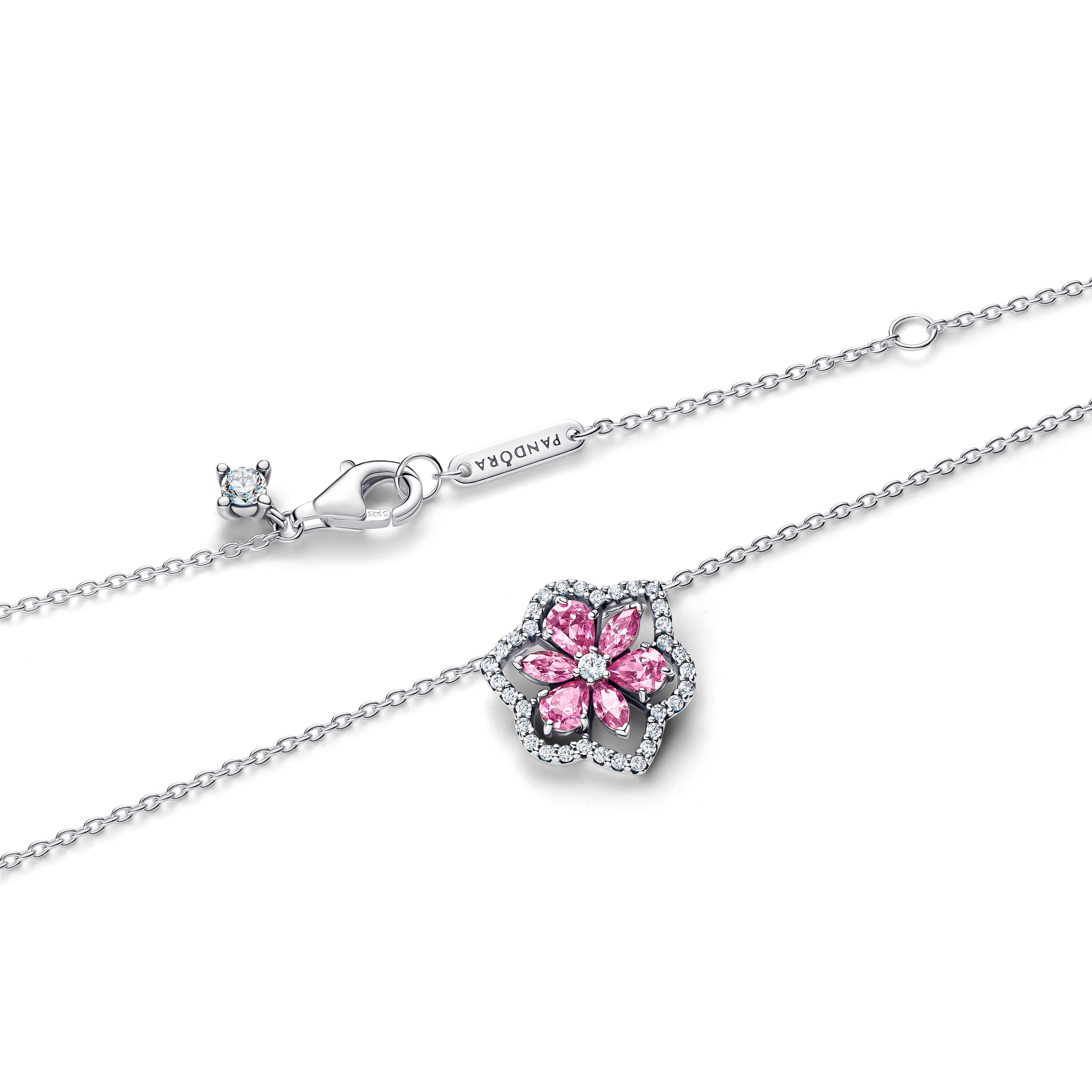 PANDORA Herbarium Sparkling Pink Flower Pendant Necklace Cubic Zirconia Flowers Necklaces Jewelry Gift