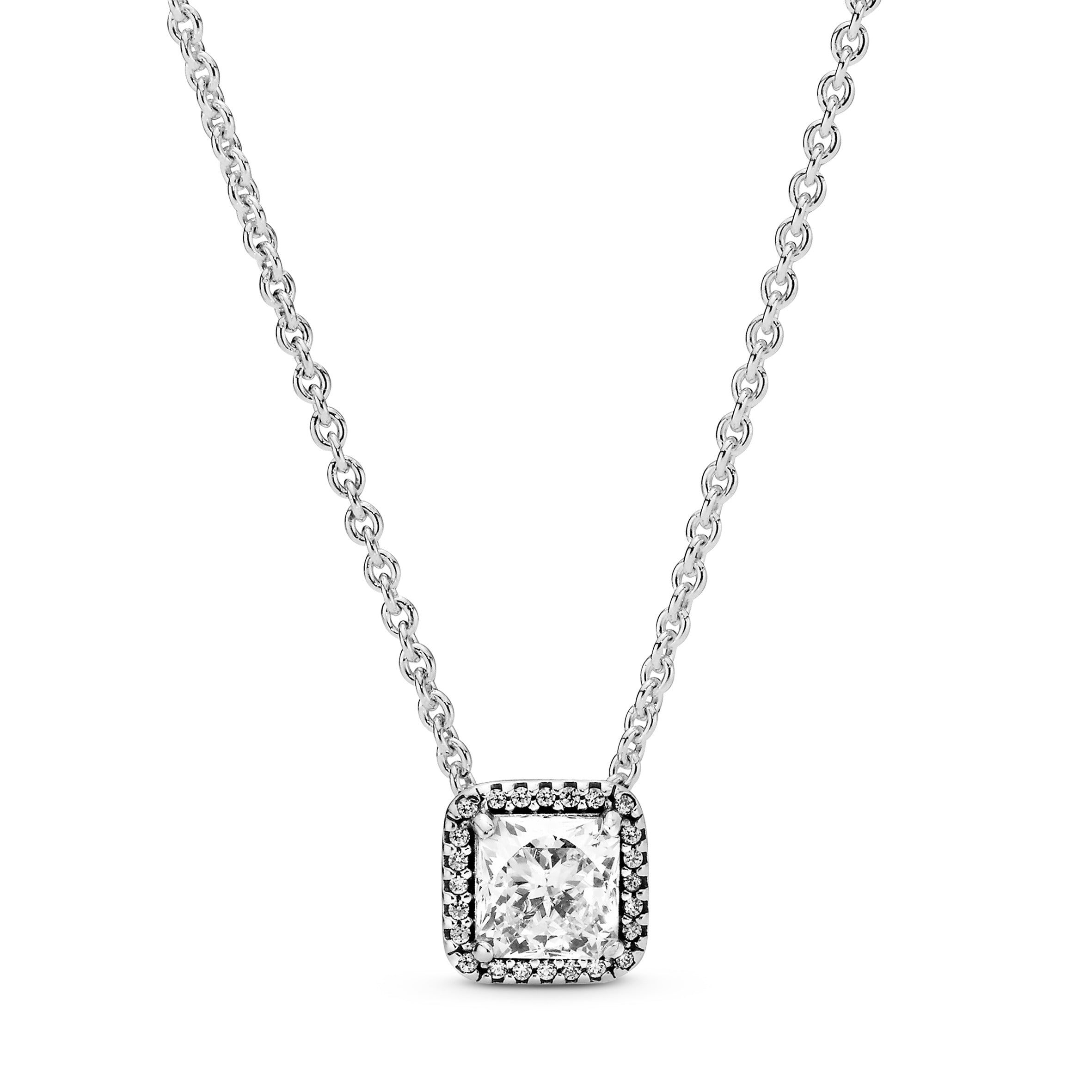 PANDORA Square Sparkle Halo Necklace Cubic Zirconia Silver Necklaces Pendant Necklace Jewelry Gift