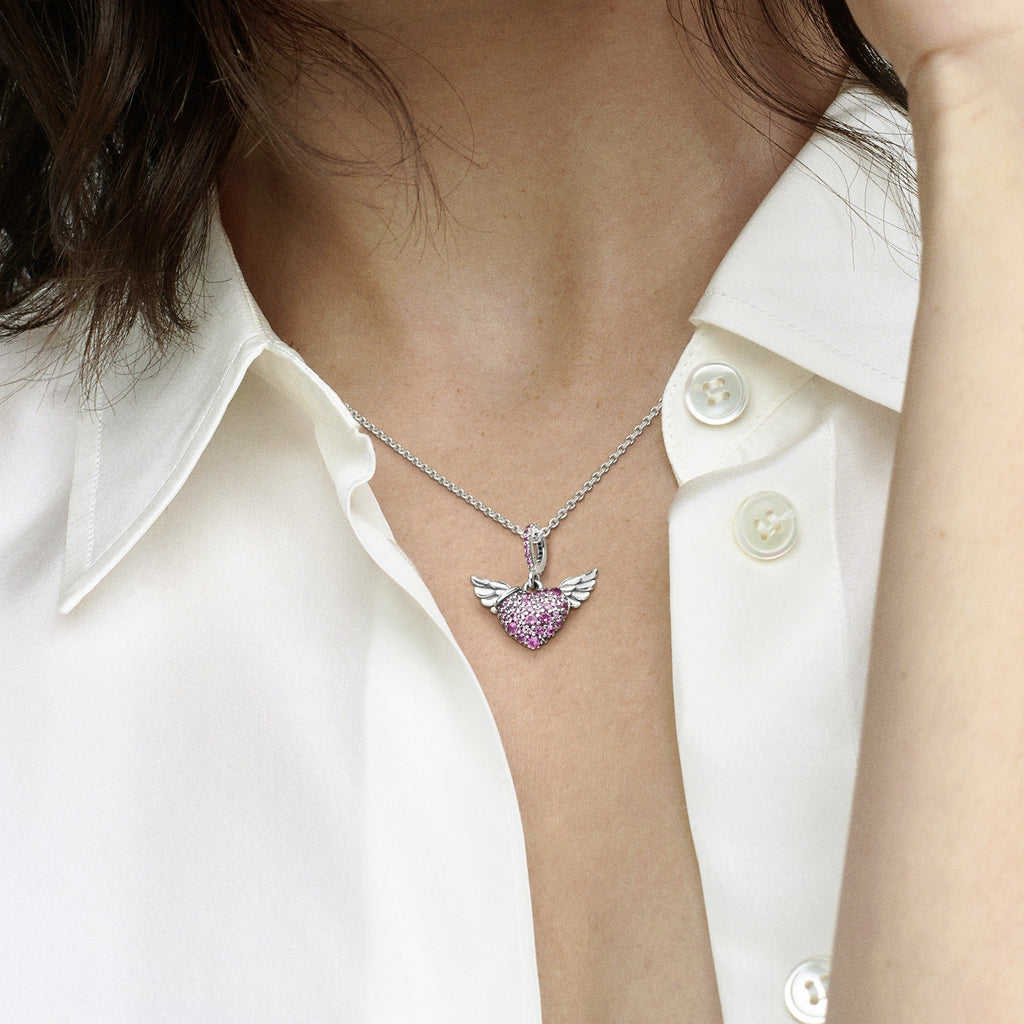 PANDORA Pavé Heart And Angel Wings Necklace Cubic Zirconia Pink Love Necklaces And Pendants Pendant Necklace Jewelry Gift