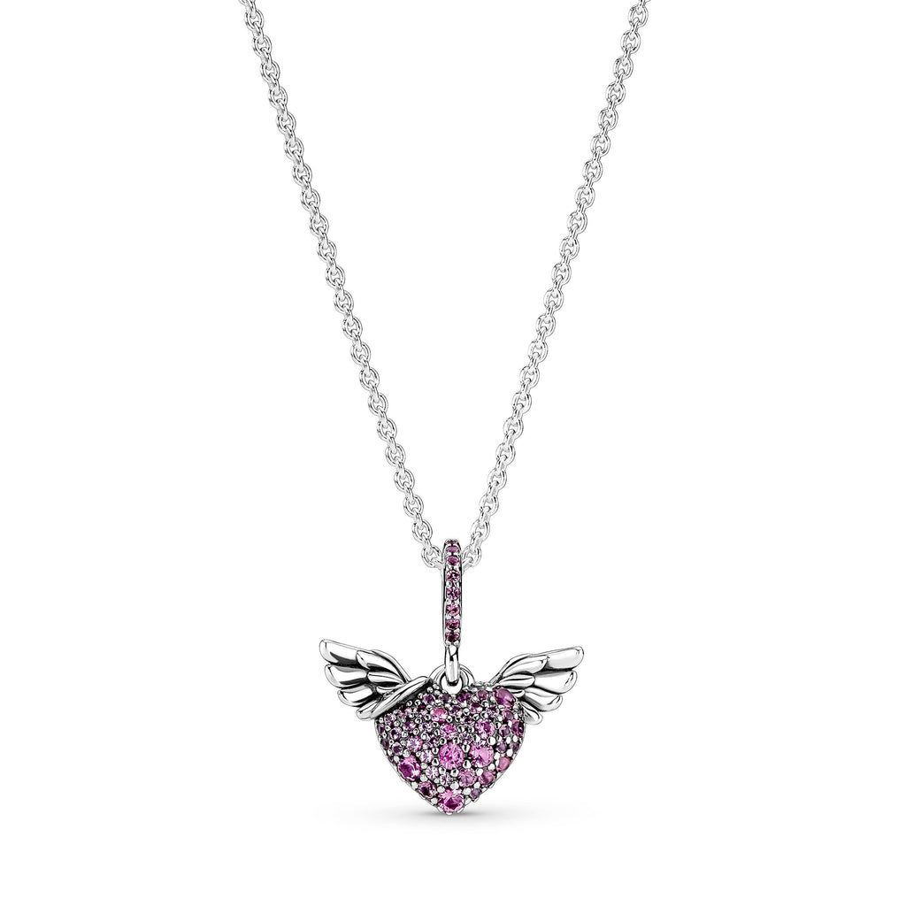 PANDORA Pavé Heart And Angel Wings Necklace Cubic Zirconia Pink Love Necklaces And Pendants Pendant Necklace Jewelry Gift