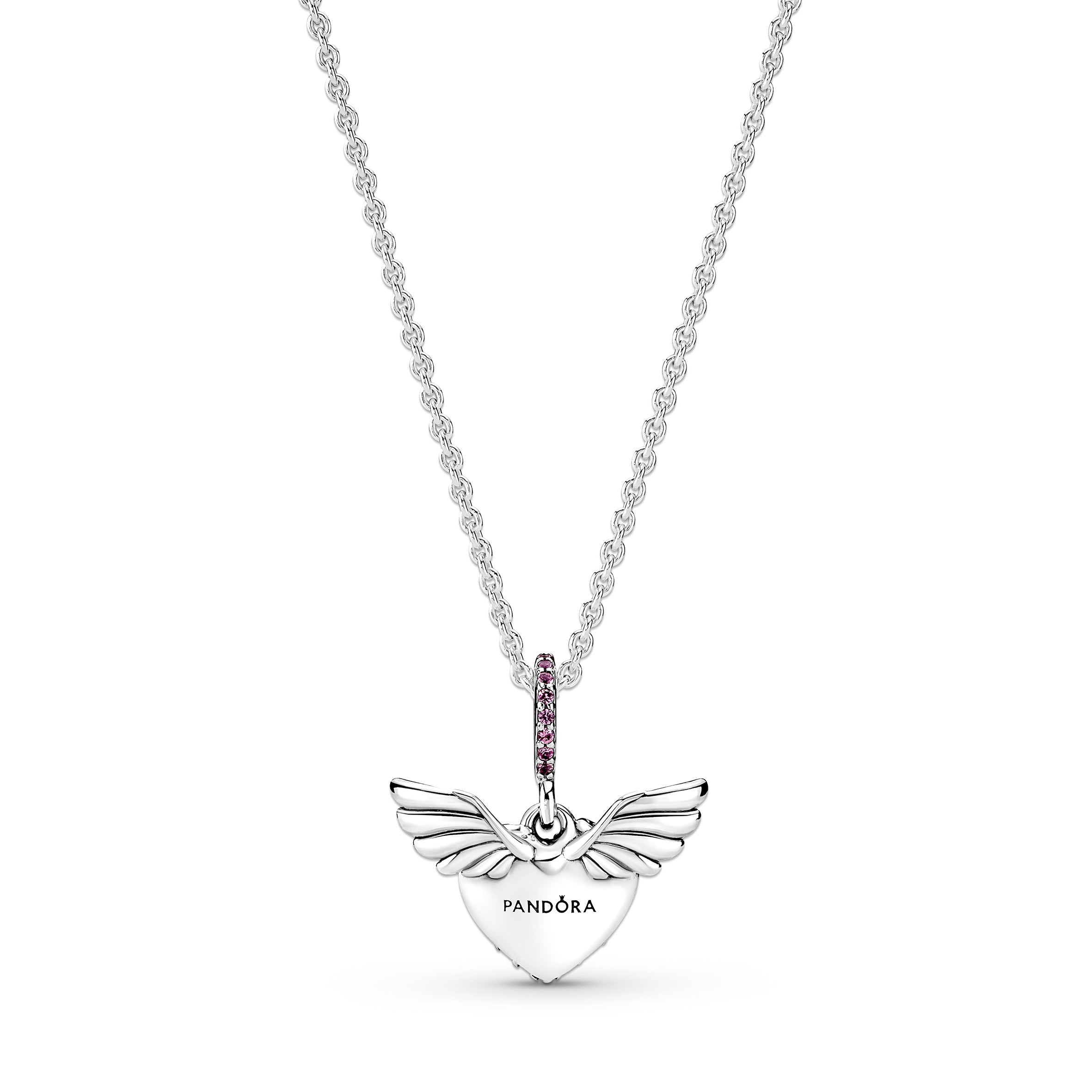 PANDORA Pavé Heart And Angel Wings Necklace Cubic Zirconia Pink Love Necklaces And Pendants Pendant Necklace Jewelry Gift