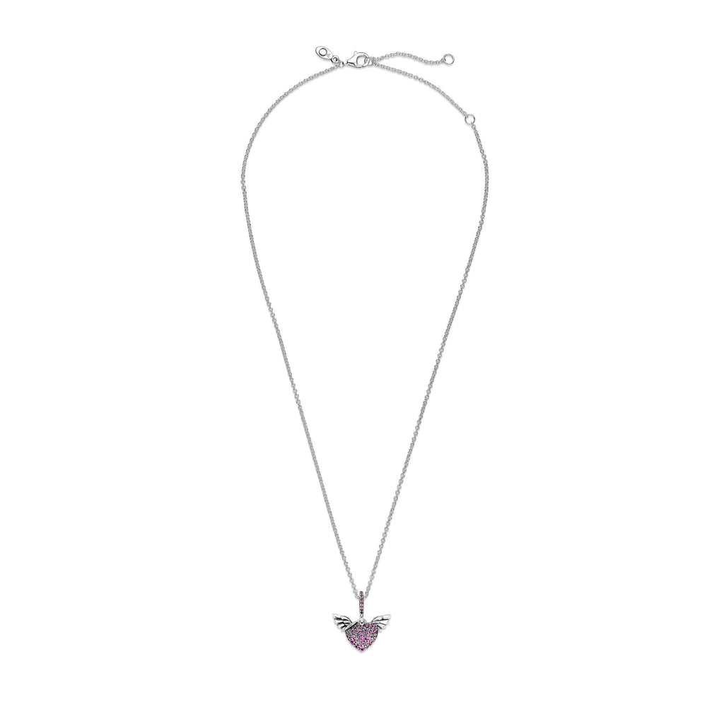PANDORA Pavé Heart And Angel Wings Necklace Cubic Zirconia Pink Love Necklaces And Pendants Pendant Necklace Jewelry Gift
