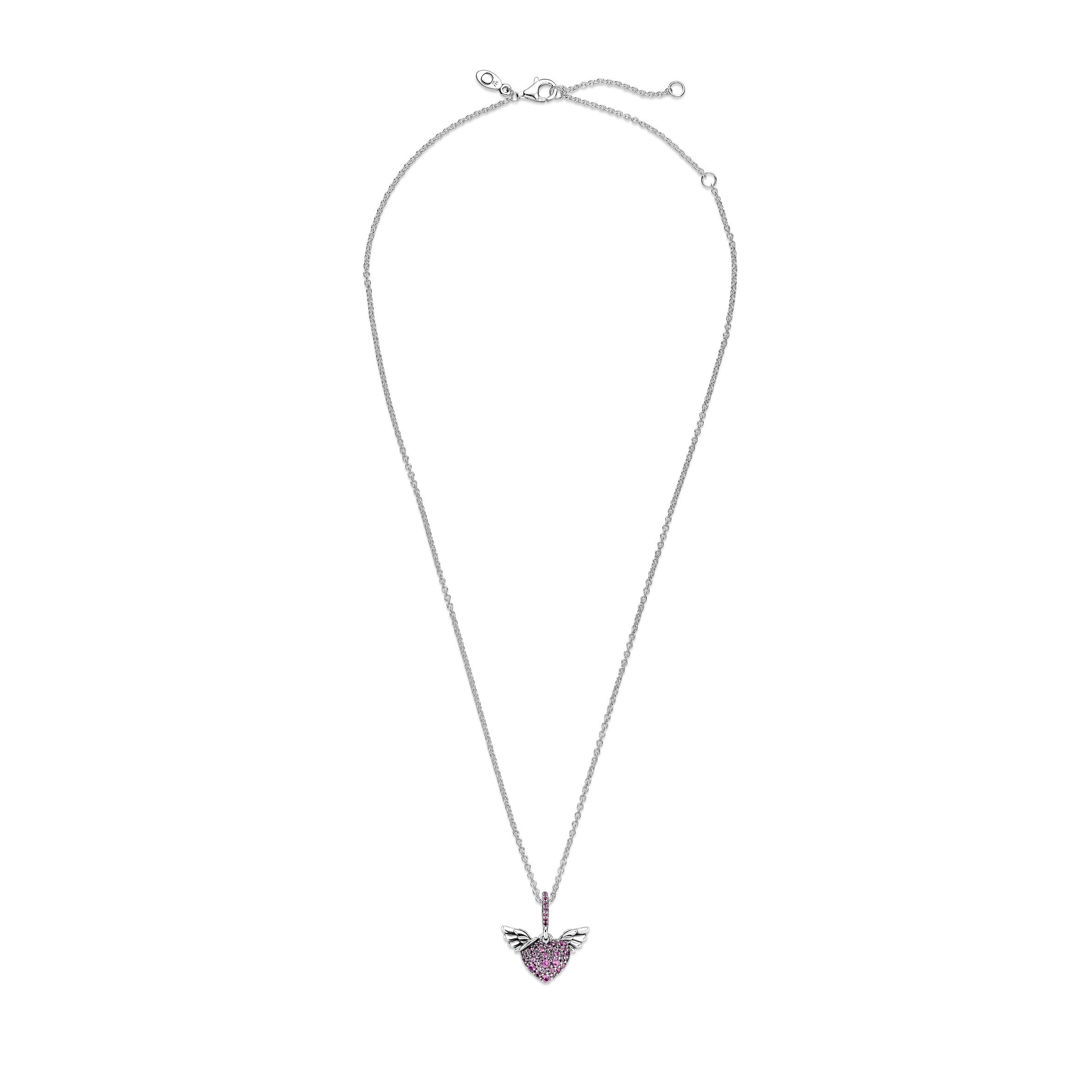 PANDORA Pavé Heart And Angel Wings Necklace Cubic Zirconia Pink Love Necklaces And Pendants Pendant Necklace Jewelry Gift