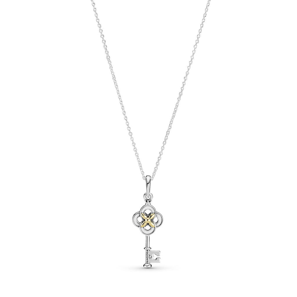 PANDORA Two-tone Key And Flower Necklace 14K Gold Necklaces And Pendants Pendant Necklace Jewelry Gift