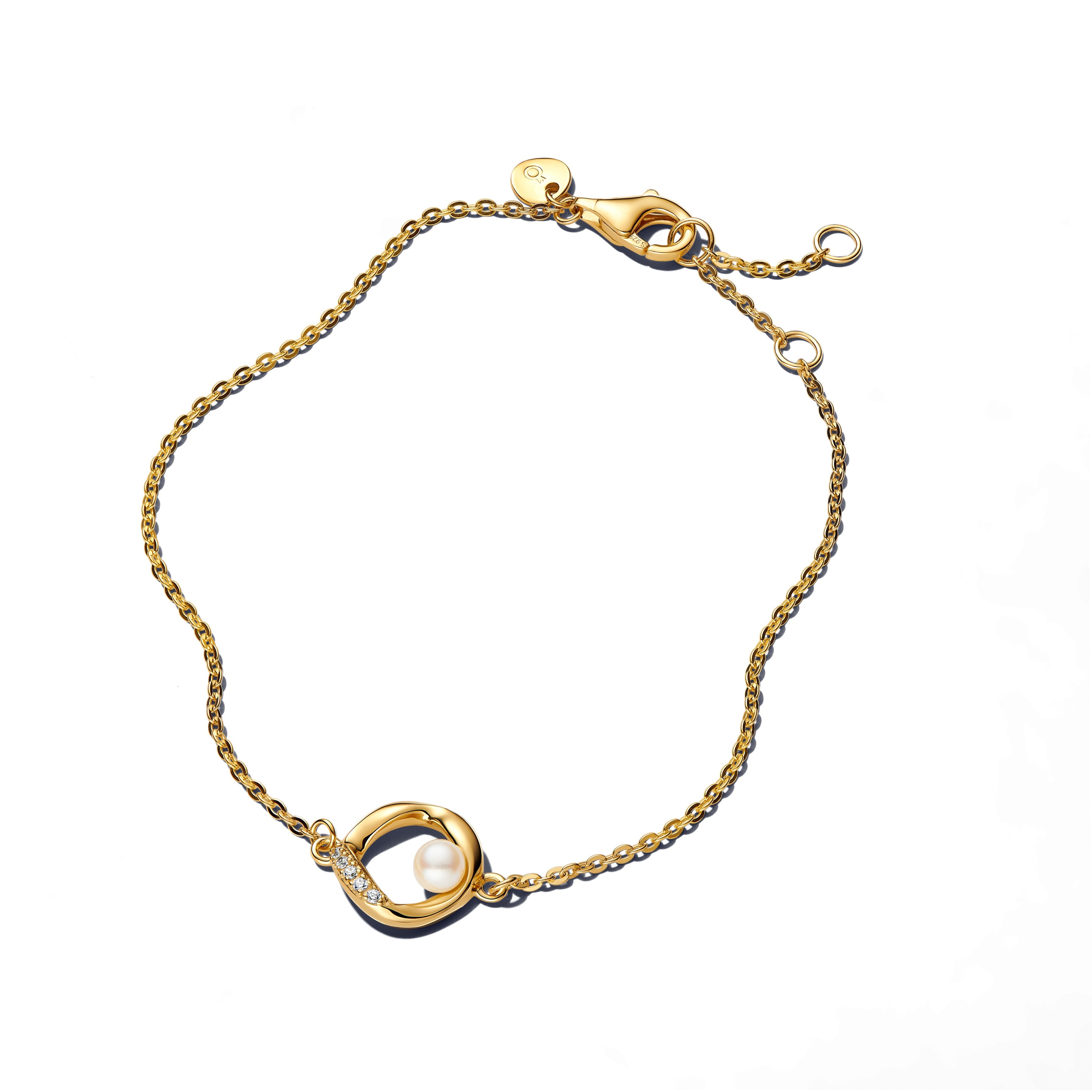 PANDORA Organically Shaped Pavé Circle And Treated Freshwater Cultured Pearl Bracelet 14K Gold Plated Unique Metal Blend Summer Bracelets Chain