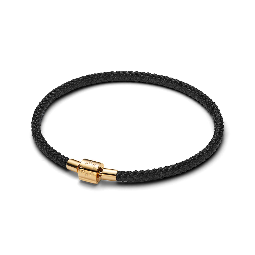 PANDORA Shimmering Black Cord Bracelet 14K Gold Plated Unique Metal Blend Bracelets Statement Ring Jewelry Gift