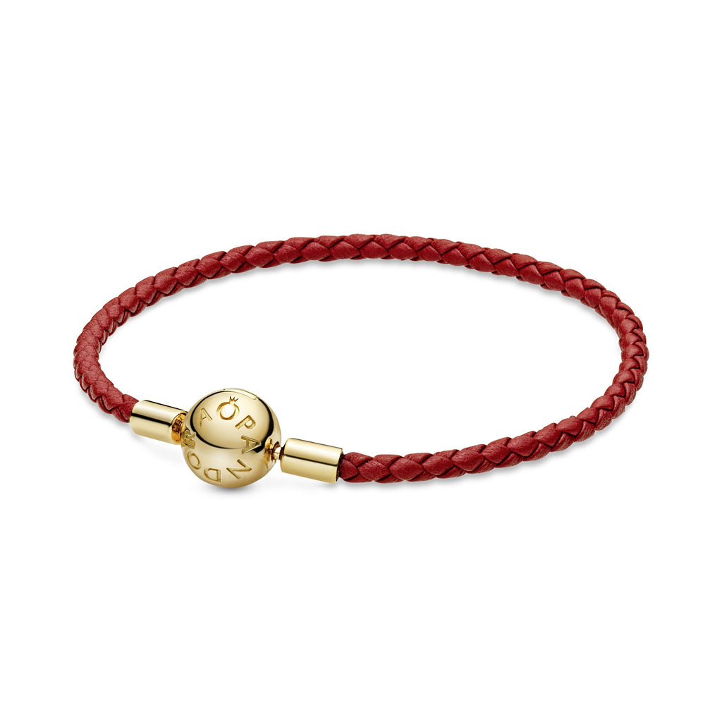 PANDORA Moments Red Woven Leather Bracelet 14K Gold Plated Unique Metal Blend Bracelets Chain Bracelet Jewelry Gift