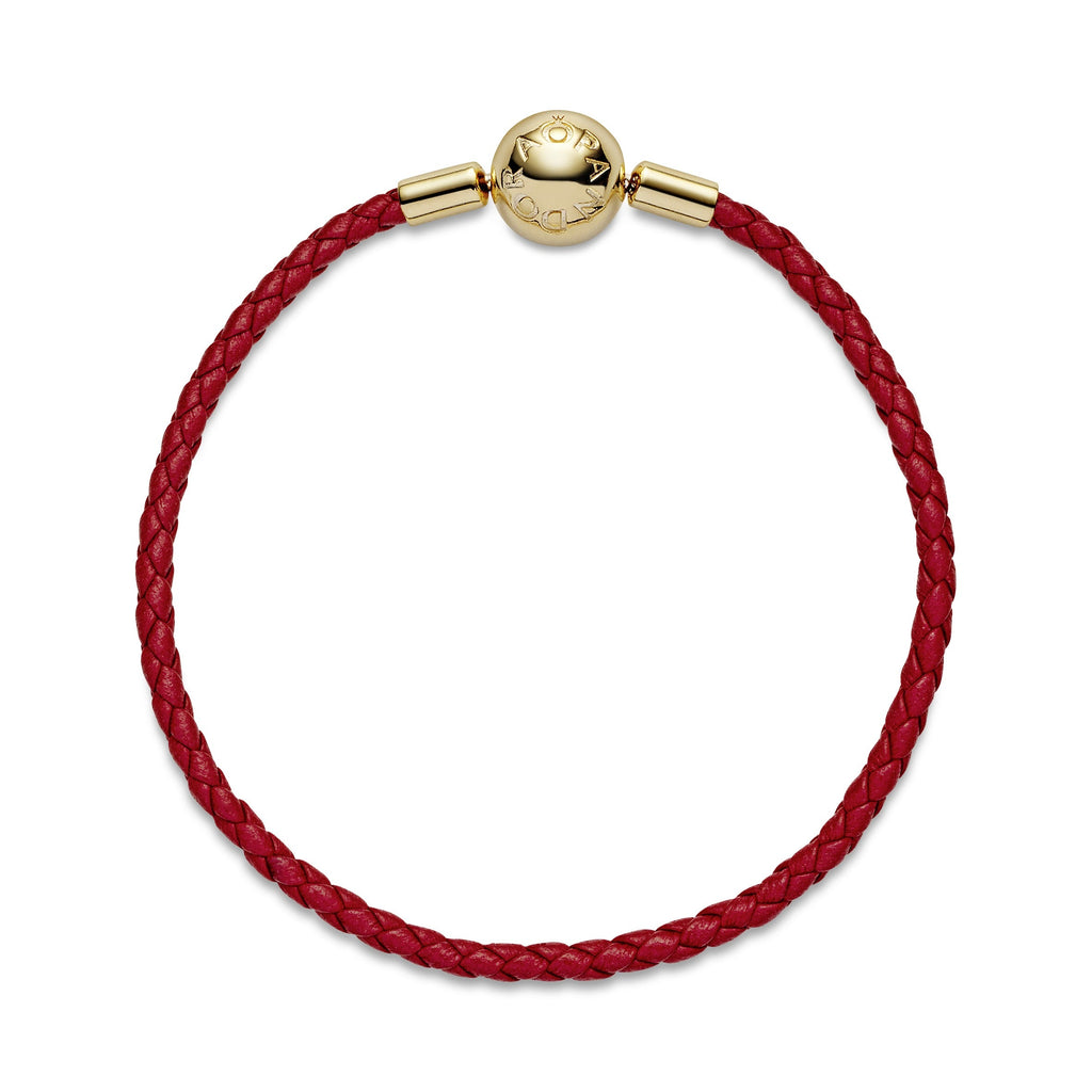 PANDORA Moments Red Woven Leather Bracelet 14K Gold Plated Unique Metal Blend Bracelets Chain Bracelet Jewelry Gift