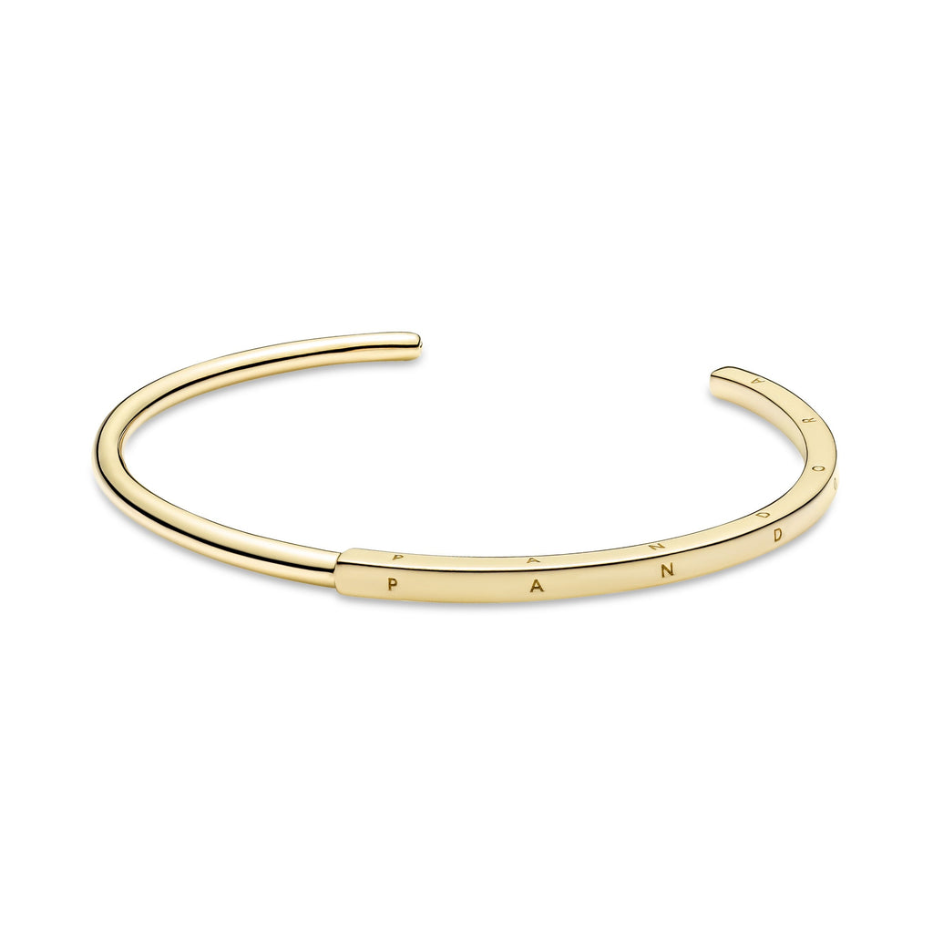 PANDORA Signature I-D Open Bangle 14K Gold Plated Unique Metal Blend Bracelets Chain Bracelet Jewelry Gift