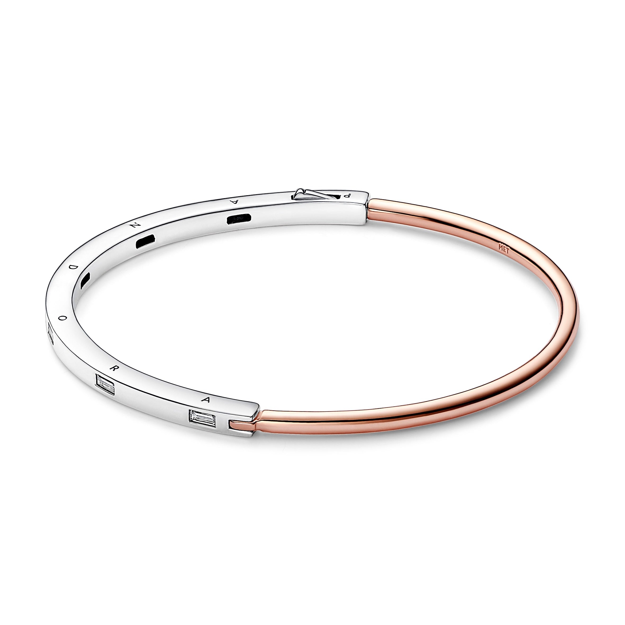 PANDORA Signature Two-tone I-D Pavé Bangle 14K Rose Gold Plated Unique Metal Blend Bracelets Chain Bracelet Jewelry Gift