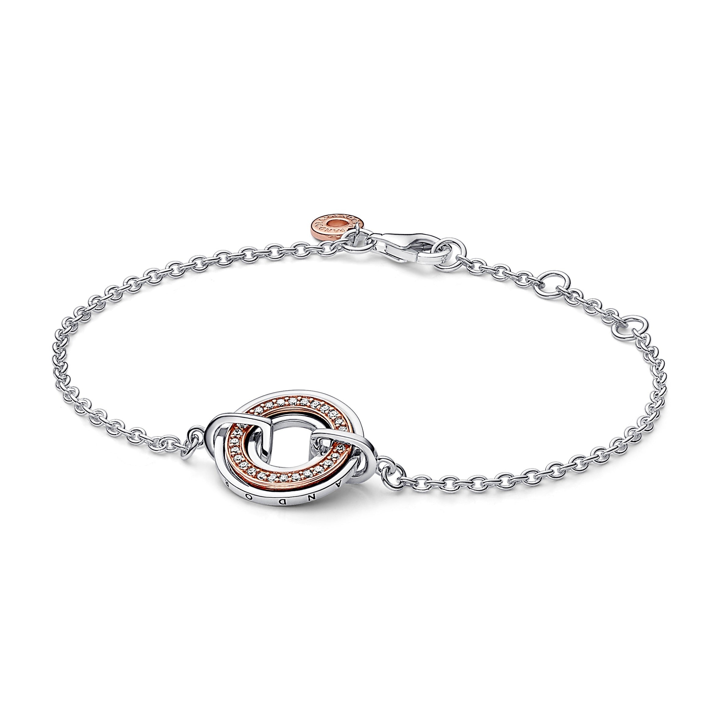 PANDORA Signature Two Two-tone Logo And Pavé Chain Bracelet 14K Rose Gold Plated Unique Metal Blend Bracelets Jewelry Gift