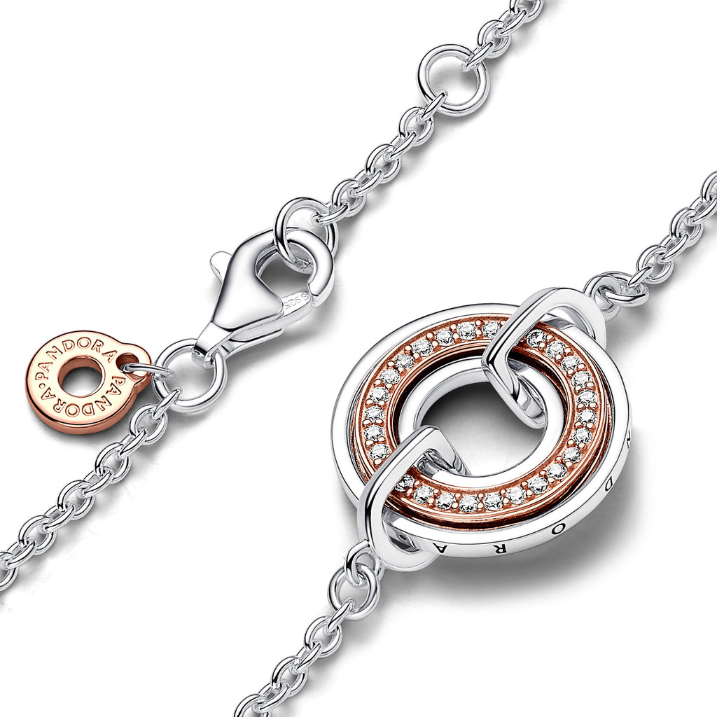 PANDORA Signature Two Two-tone Logo And Pavé Chain Bracelet 14K Rose Gold Plated Unique Metal Blend Bracelets Jewelry Gift
