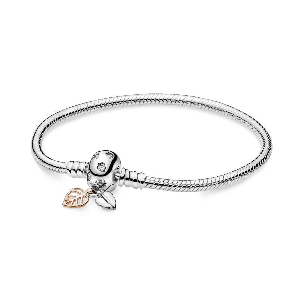 PANDORA Moments Leaves And Snake Chain Bracelet 14K Rose Gold Plated Unique Metal Blend Nature Bracelets Jewelry Gift