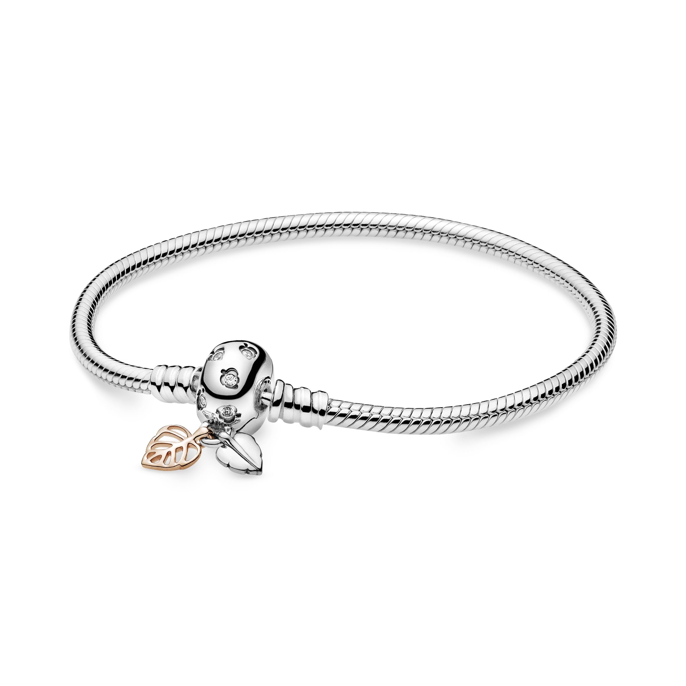 PANDORA Moments Leaves And Snake Chain Bracelet 14K Rose Gold Plated Unique Metal Blend Nature Bracelets Jewelry Gift