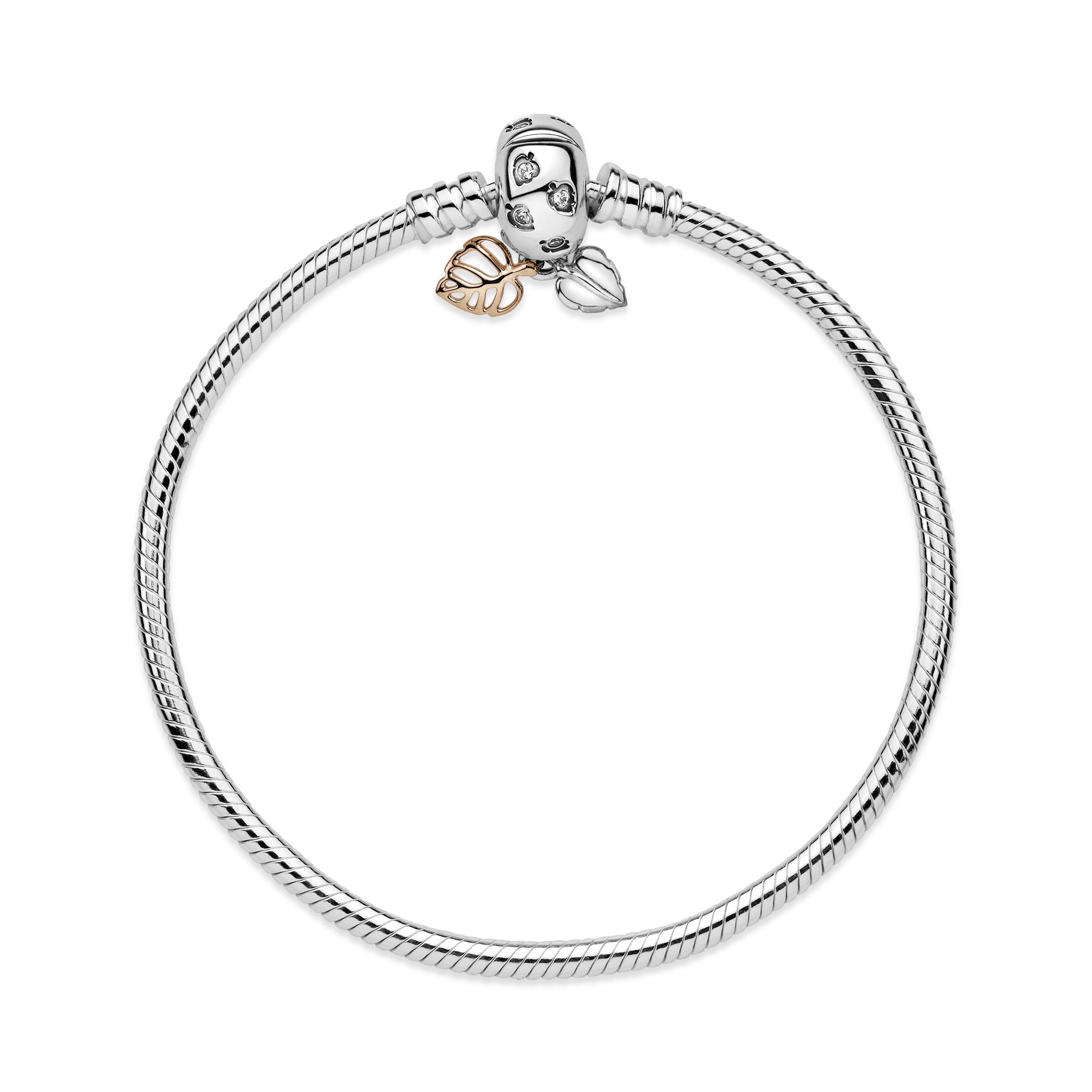 PANDORA Moments Leaves And Snake Chain Bracelet 14K Rose Gold Plated Unique Metal Blend Nature Bracelets Jewelry Gift