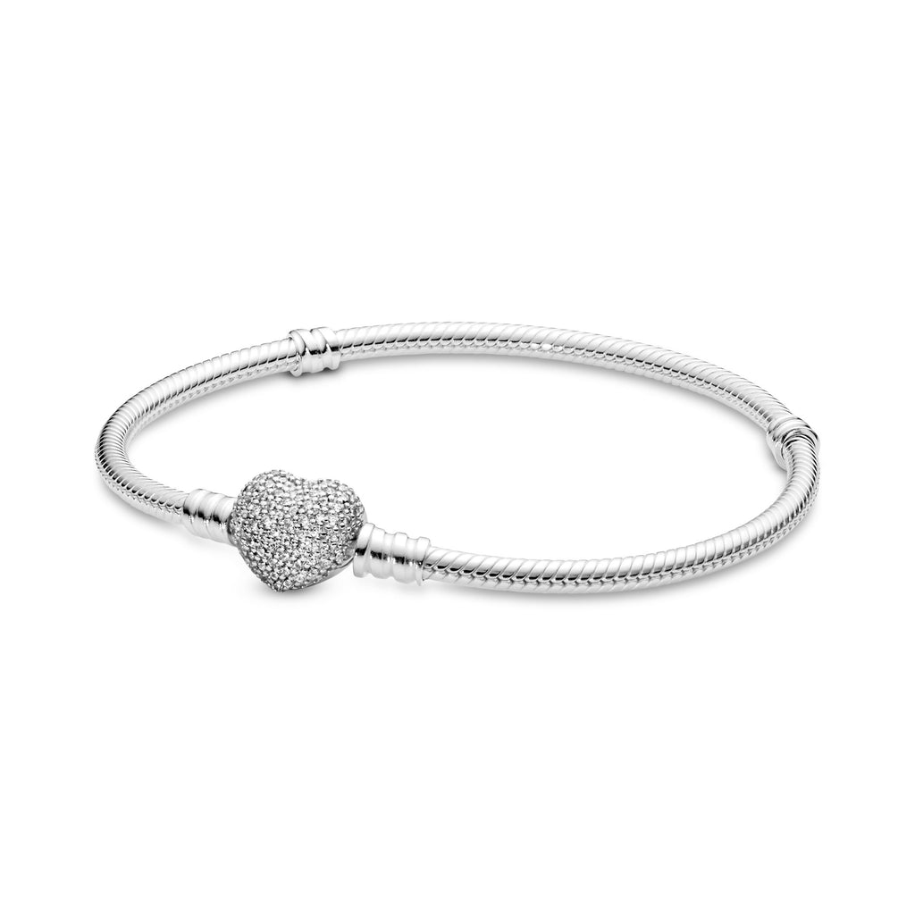 PANDORA Moments Sparkling Heart Pave Clasp Snake Chain Bracelet Cubic Zirconia Silver Love Bracelets Jewelry Gift
