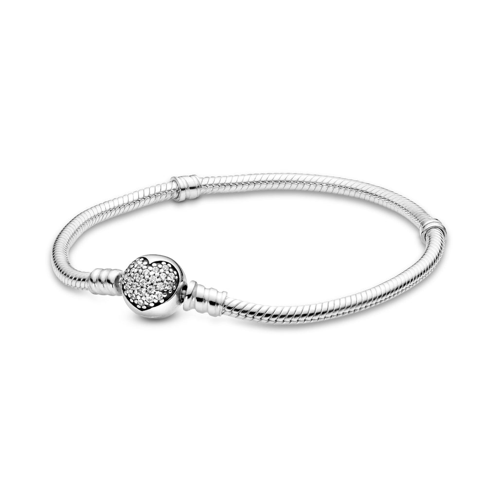 PANDORA Moments Sparkling Heart Clasp Snake Chain Bracelet Cubic Zirconia Silver Love Bracelets Jewelry Gift