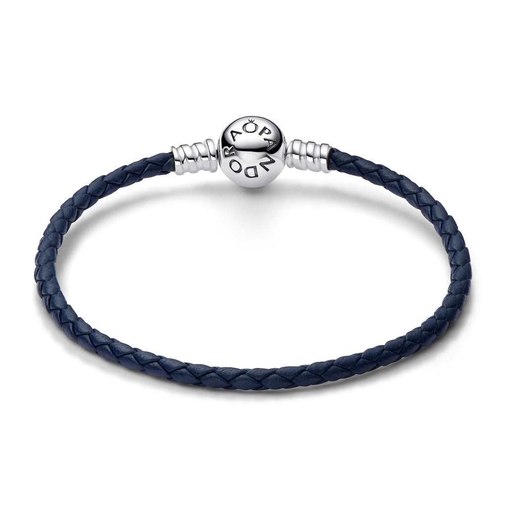 PANDORA Moments Round Clasp Blue Braided Leather Bracelet Sterling Silver Bracelets Chain Bracelet Jewelry Gift