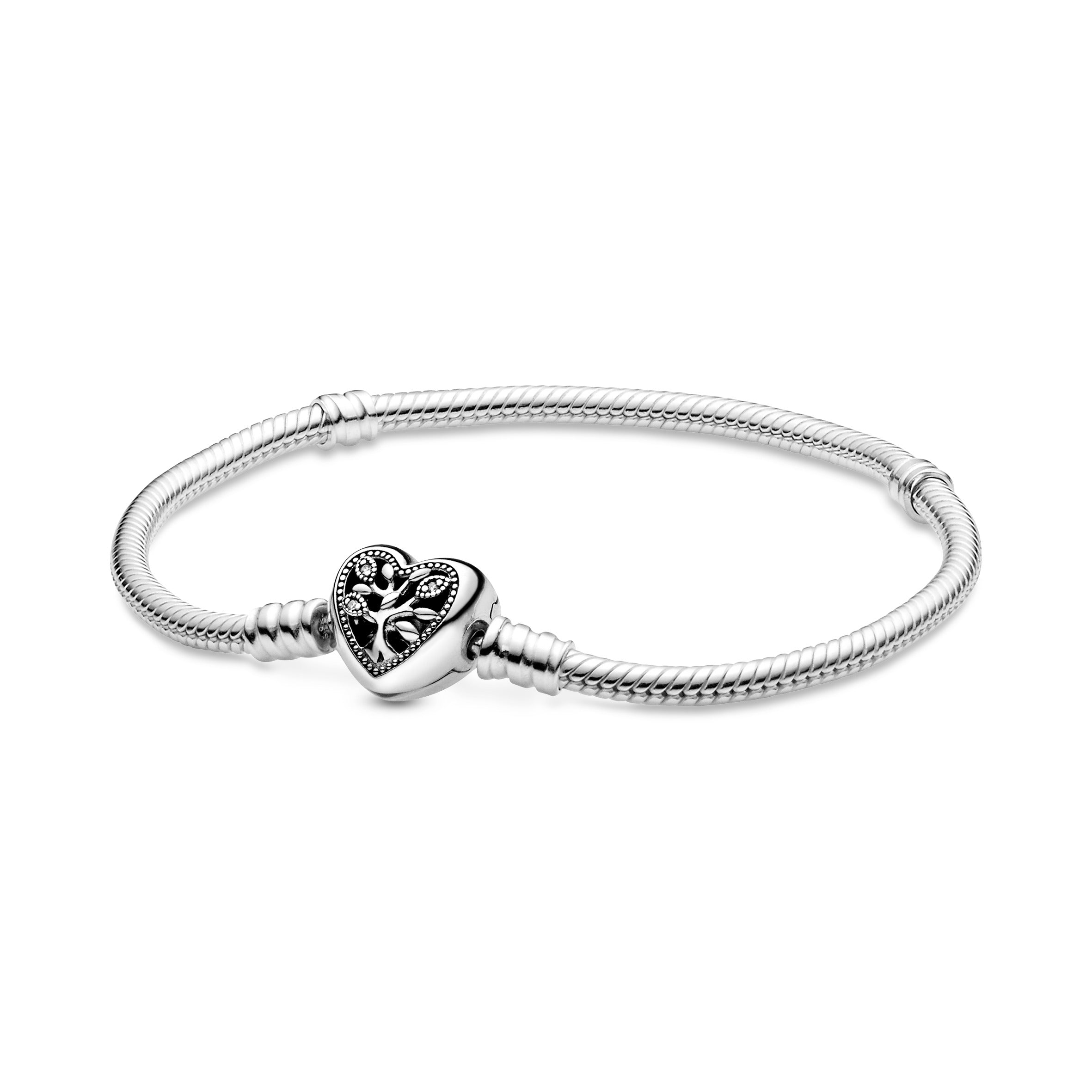 PANDORA Moments Family Tree Heart Clasp Snake Chain Bracelet Cubic Zirconia Silver Bracelets Jewelry Gift