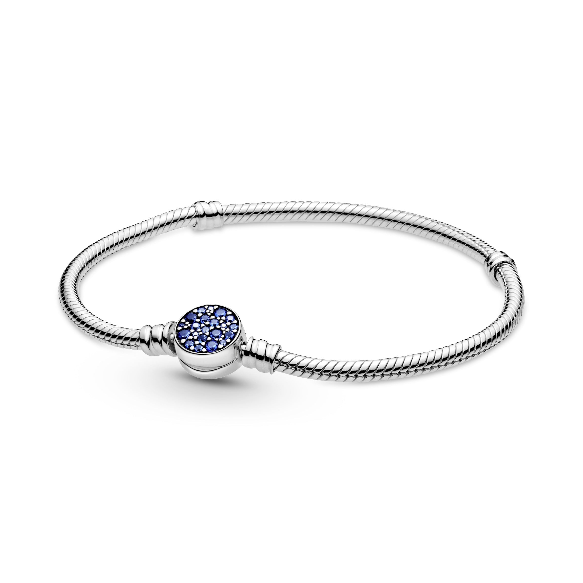 PANDORA Moments Sparkling Blue Disc Clasp Snake Chain Bracelet Cubic Zirconia Silver Bracelets Jewelry Gift