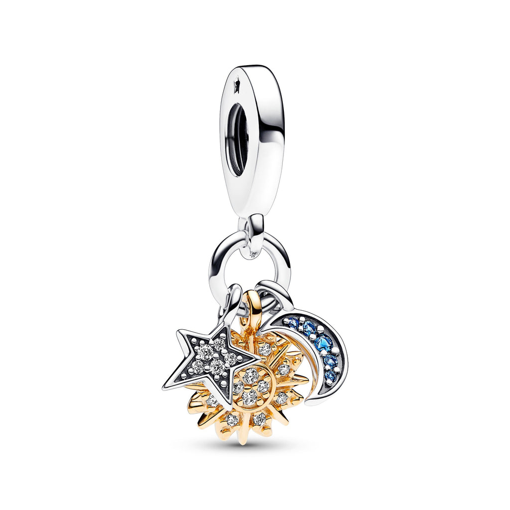 PANDORA Two-tone Celestial Triple Dangle Charm 14K Gold Plated Unique Metal Blend Charms Bracelet Charm Jewelry Gift