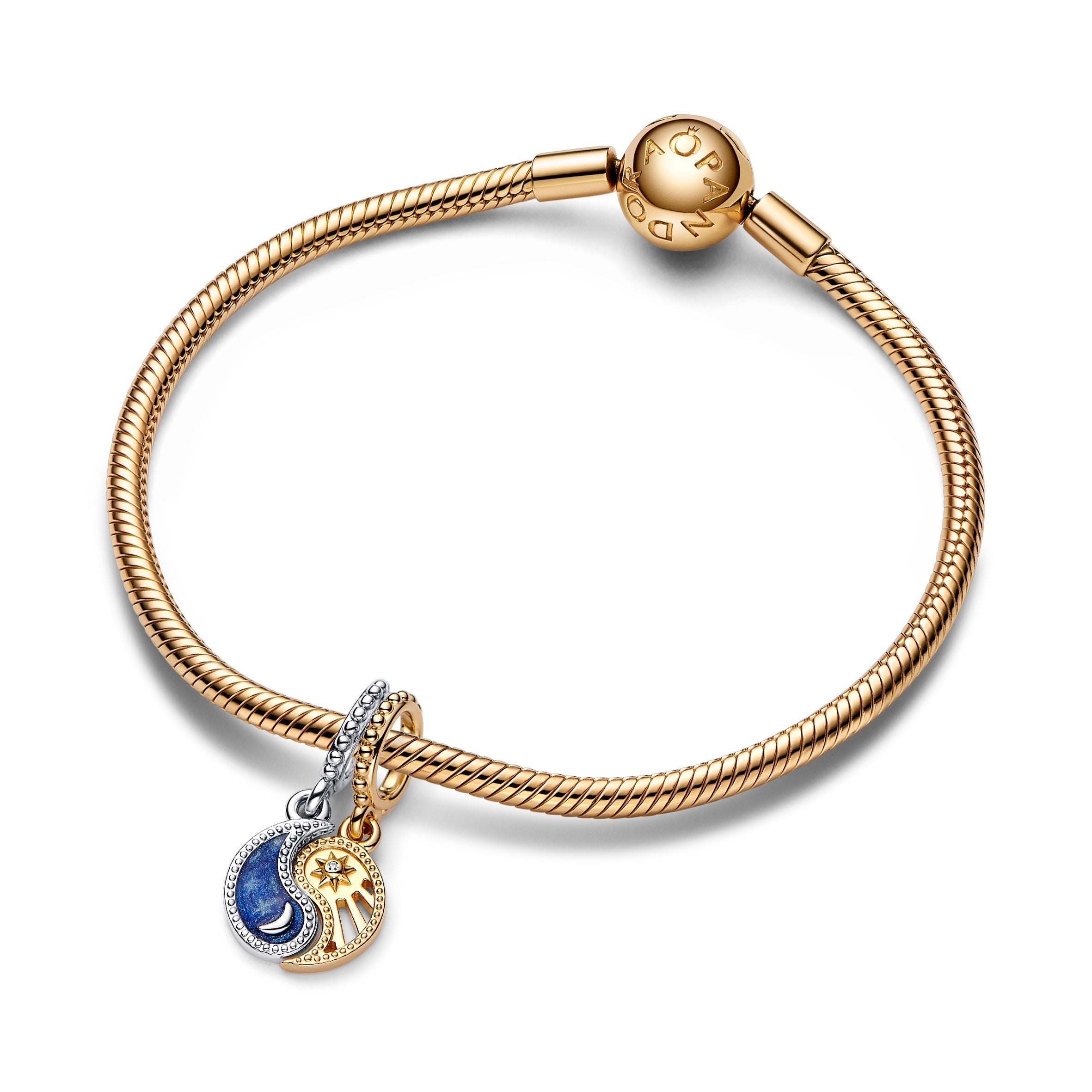 PANDORA Two-tone Splittable Sun And Moon Dangle Charm 14K Gold Plated Unique Metal Blend Charms Bracelet Charm Jewelry Gift