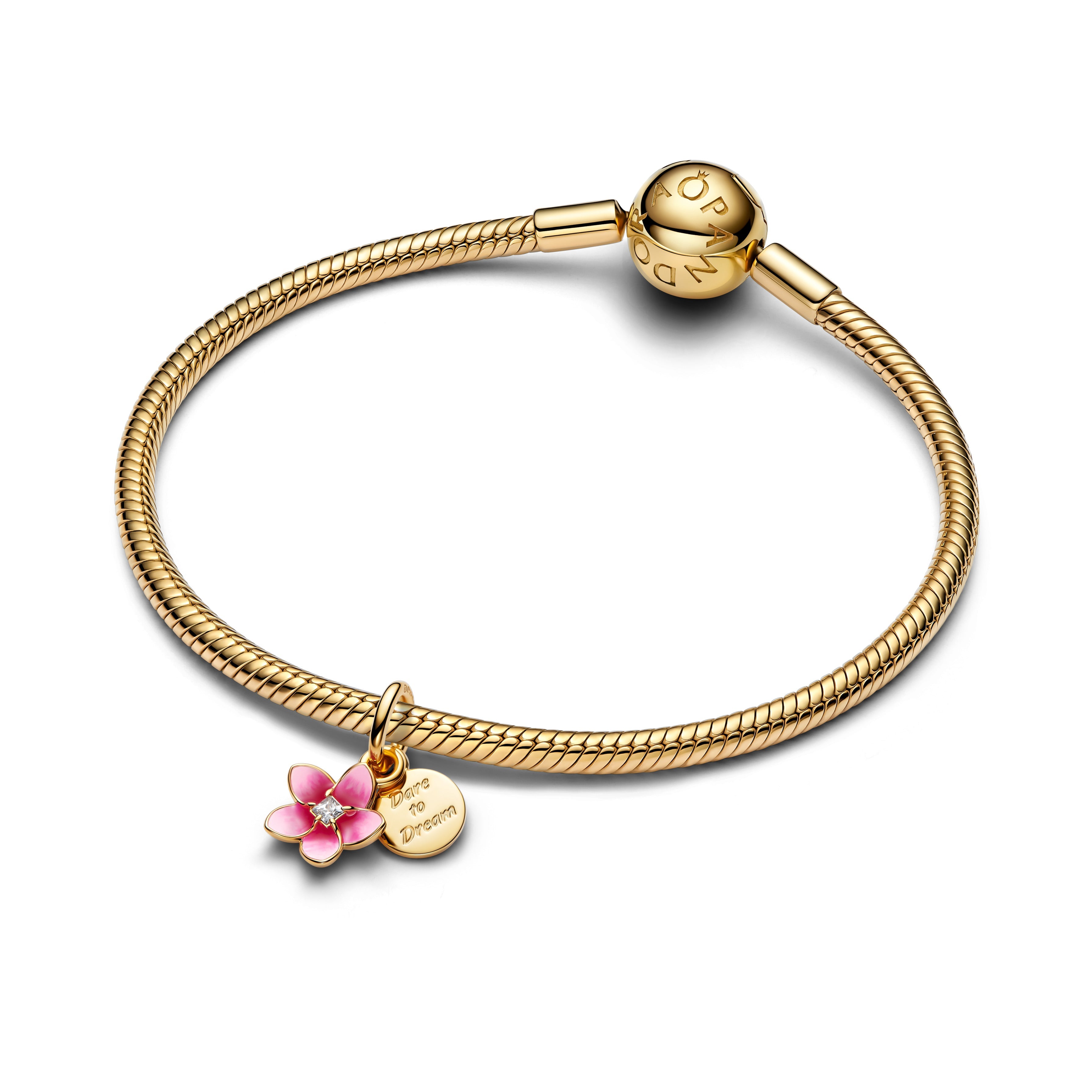 PANDORA Disney Moana Flower Dangle Charm 14K Gold Plated Unique Metal Blend Pink Disney Princess Charms Bracelet Charm Jewelry Gift