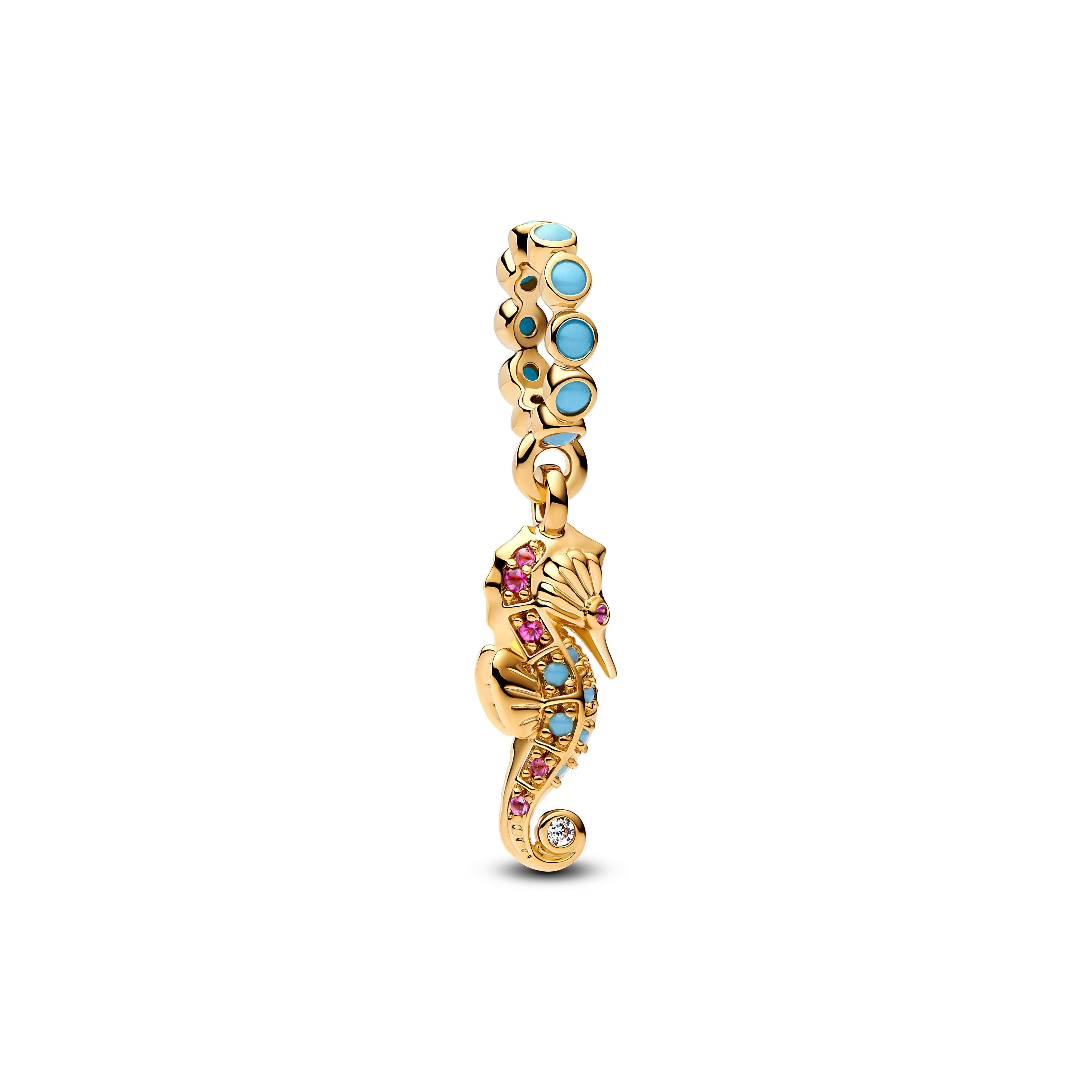 PANDORA Seahorse Dangle Charm 14K Gold Plated Unique Metal Blend Blue Animals Charms Bracelet Charm Jewelry Gift