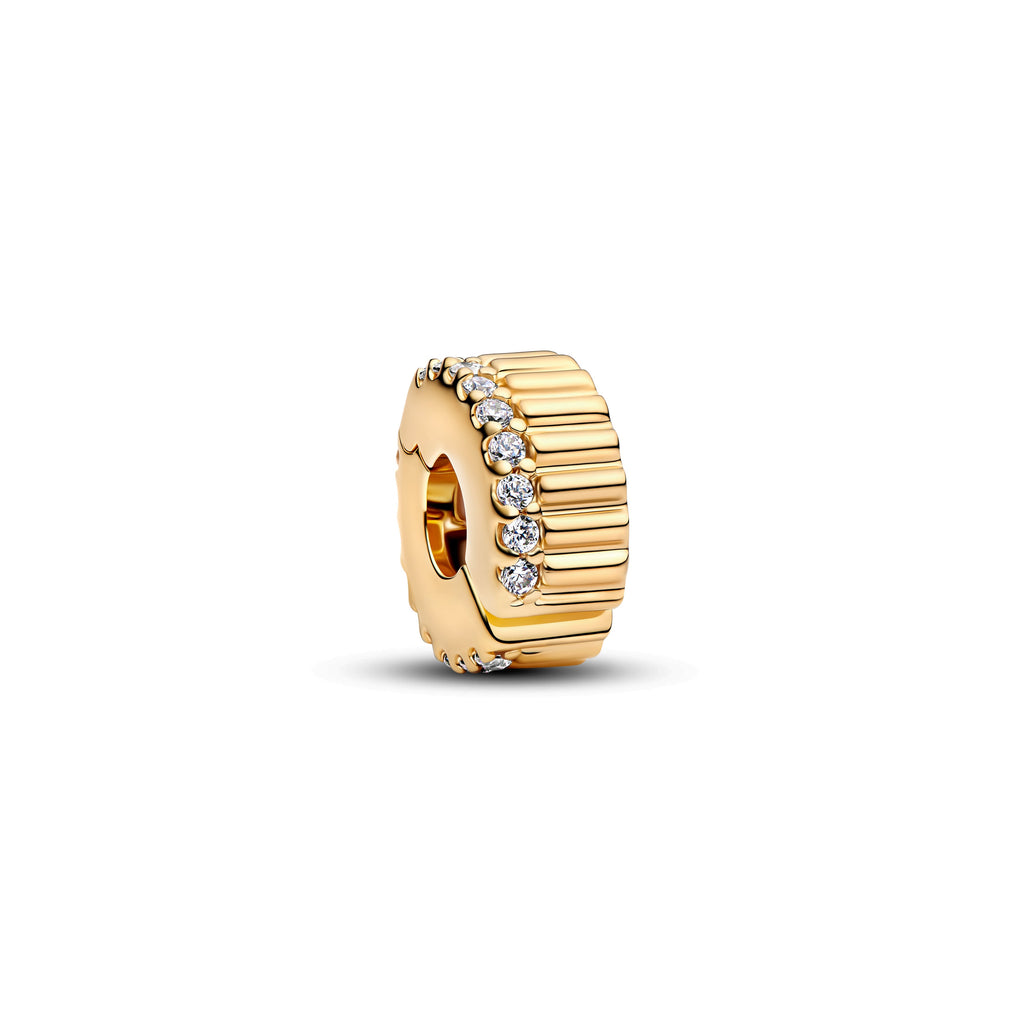 PANDORA Ribbed Clip Charm 14K Gold Plated Unique Metal Blend Charms Bracelet Charm Jewelry Gift