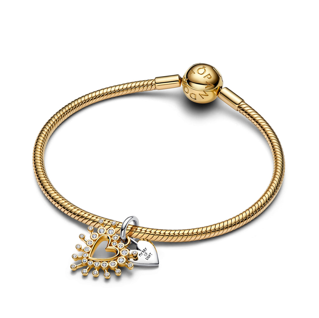 PANDORA Radiant Heart Double Dangle Charm 14K Gold Plated Unique Metal Blend Christmas Charms Bracelet Charm Jewelry Gift