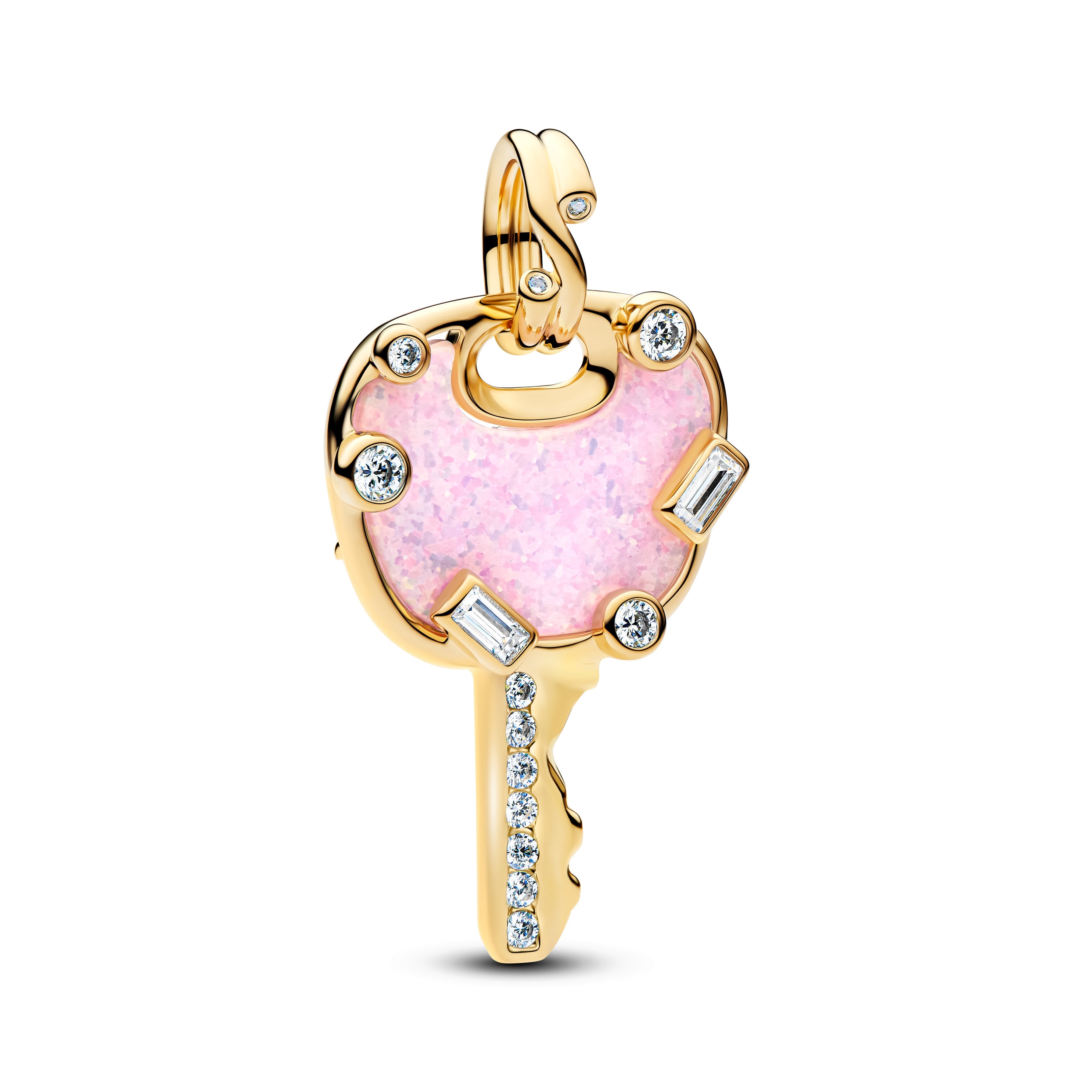 PANDORA Opalescent Pink Love Key Large Dangle Charm 14K Gold Plated Unique Metal Blend Key Padlock Charms Bracelet Charm Jewelry Gift