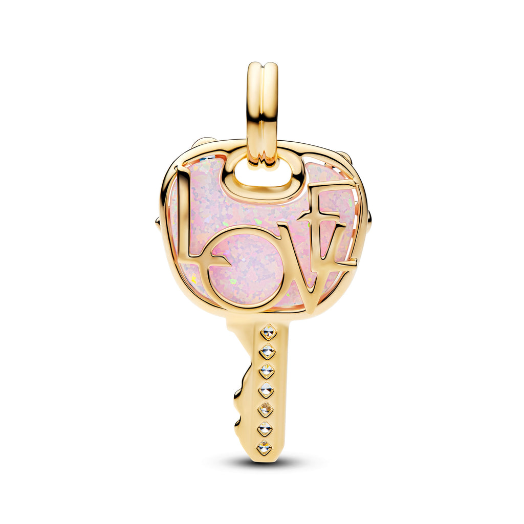 PANDORA Opalescent Pink Love Key Large Dangle Charm 14K Gold Plated Unique Metal Blend Key Padlock Charms Bracelet Charm Jewelry Gift