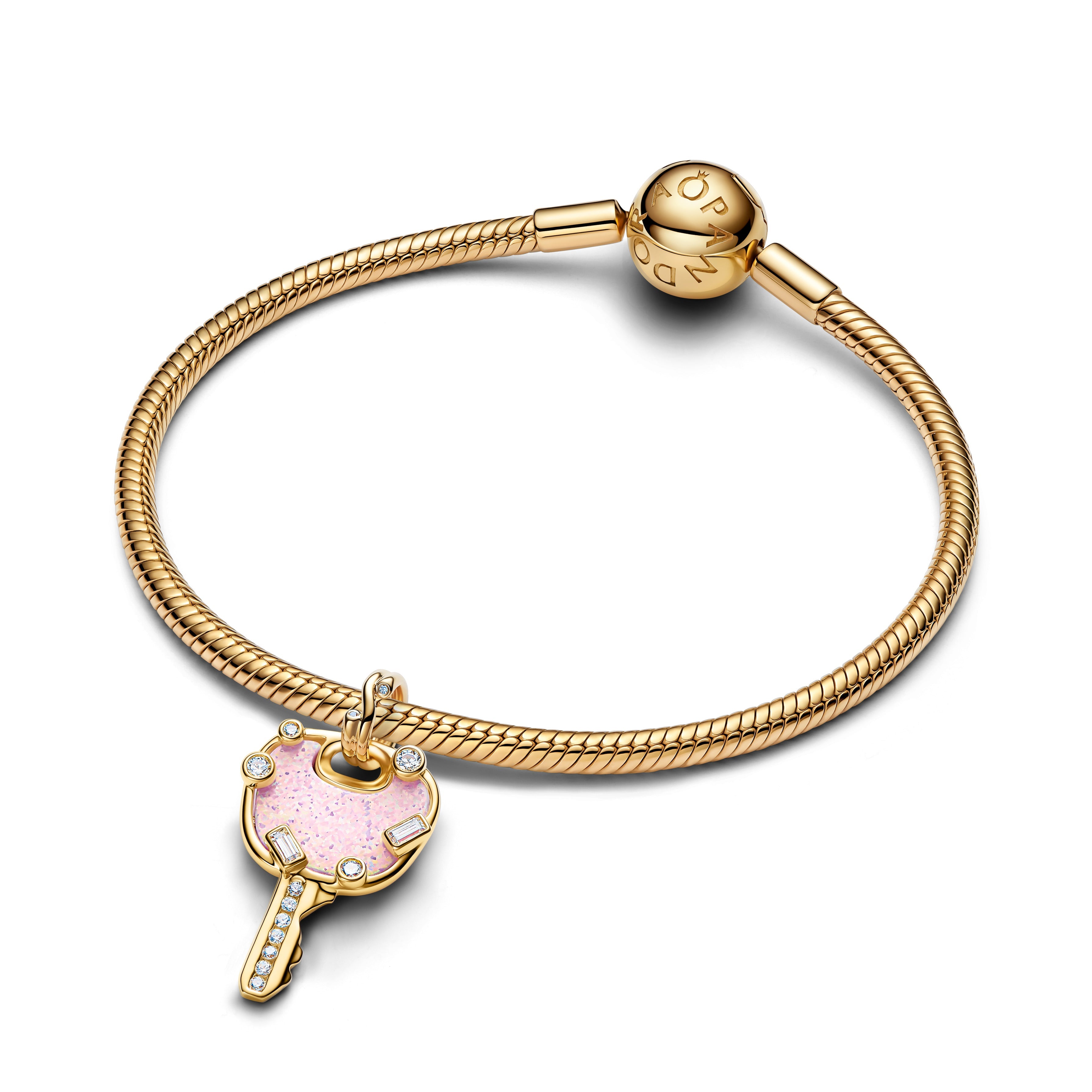 PANDORA Opalescent Pink Love Key Large Dangle Charm 14K Gold Plated Unique Metal Blend Key Padlock Charms Bracelet Charm Jewelry Gift