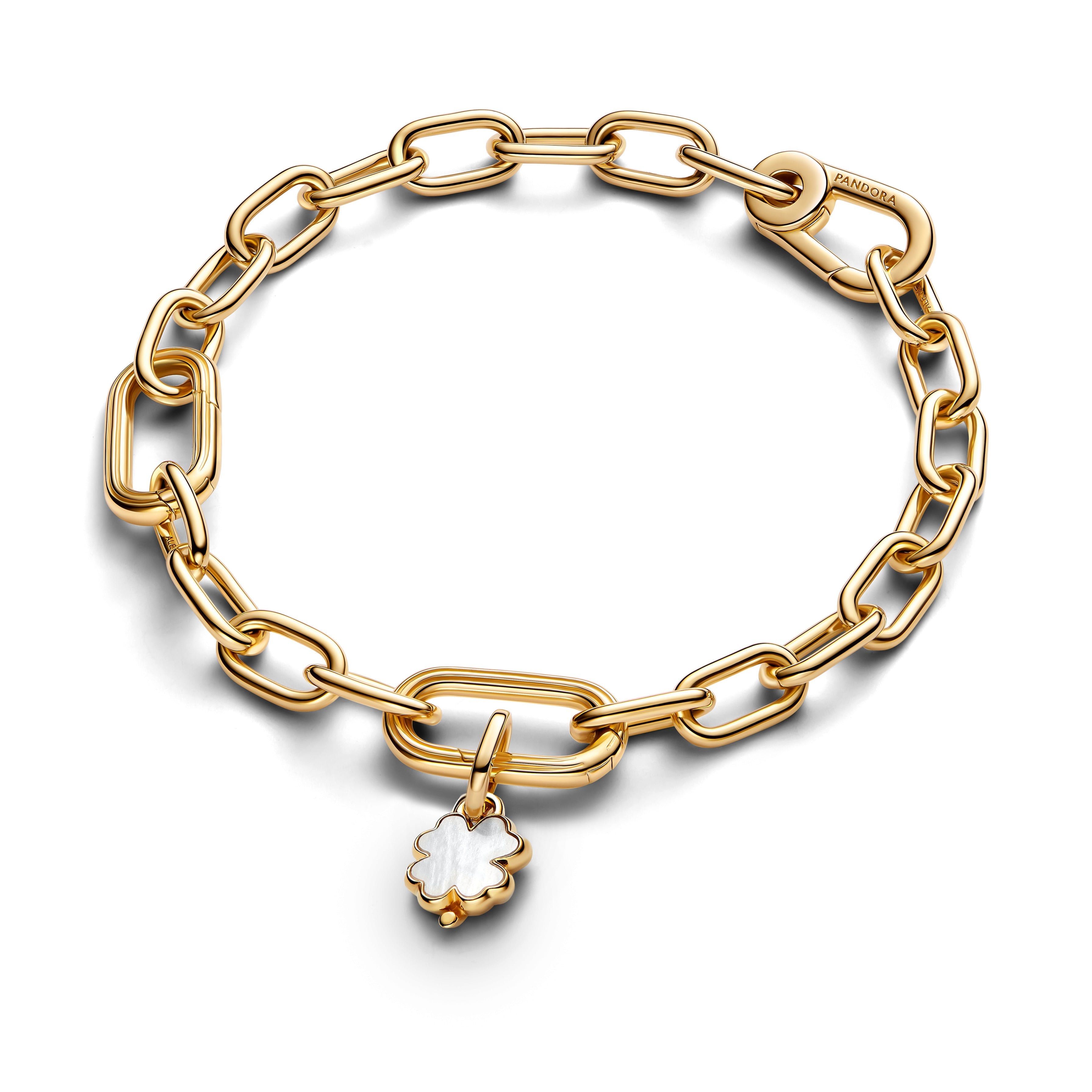 PANDORA White Lucky Clover Dangle Charm 14K Gold Plated Unique Metal Blend Four Leaf Clover Charms Bracelet Charm Jewelry Gift