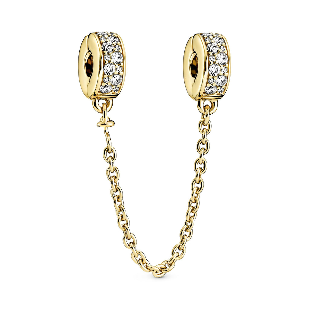 PANDORA Clear Pavé Safety Chain Clip Charm 14K Gold Plated Unique Metal Blend Charms Bracelet Charm Jewelry Gift