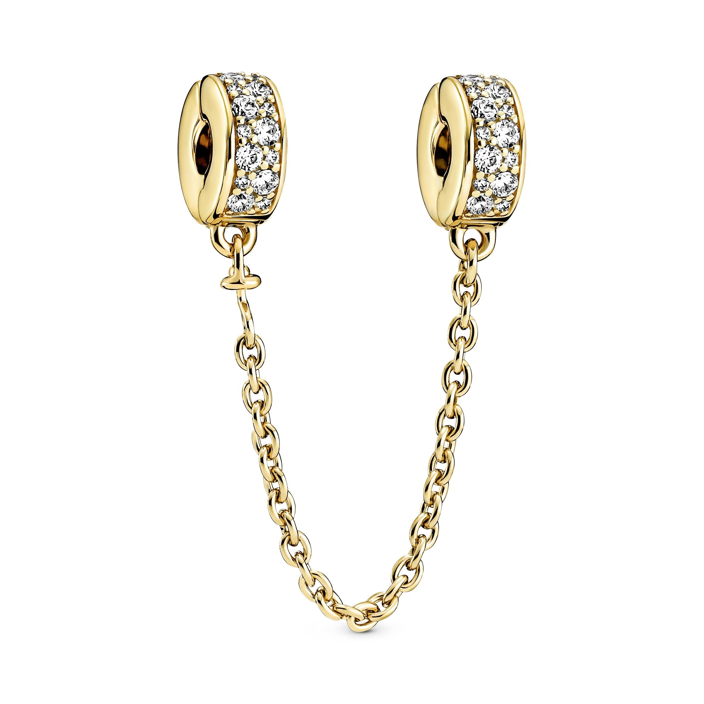 PANDORA Clear Pavé Safety Chain Clip Charm 14K Gold Plated Unique Metal Blend Charms Bracelet Charm Jewelry Gift