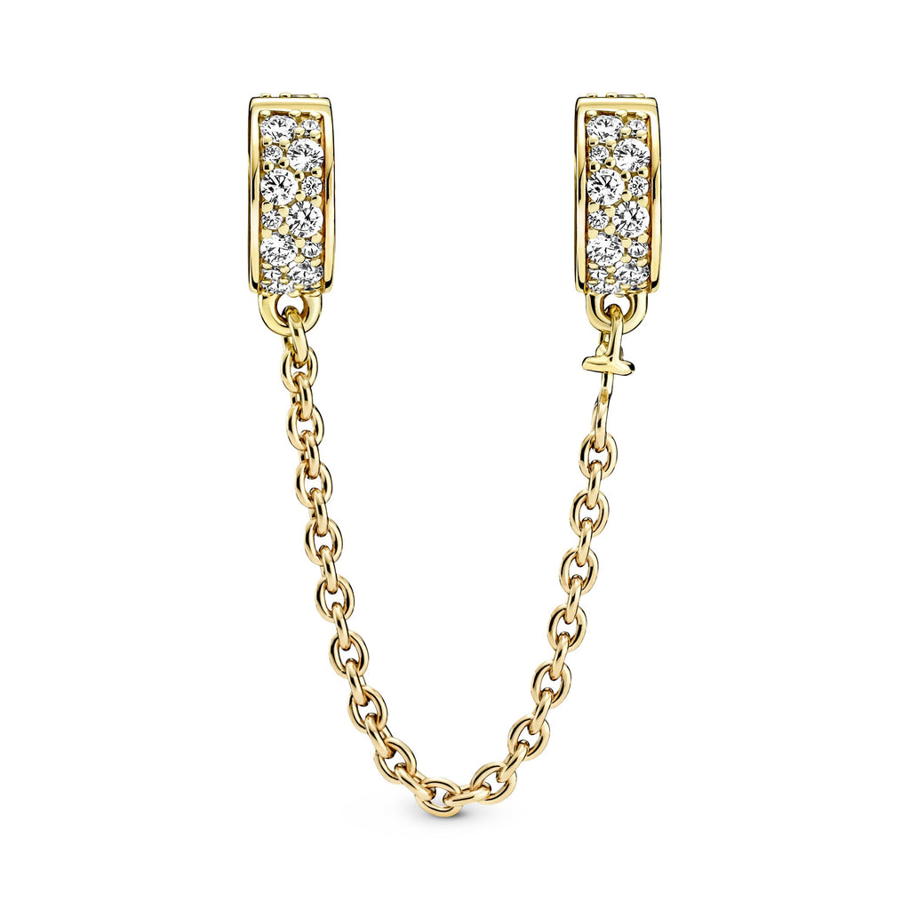 PANDORA Clear Pavé Safety Chain Clip Charm 14K Gold Plated Unique Metal Blend Charms Bracelet Charm Jewelry Gift