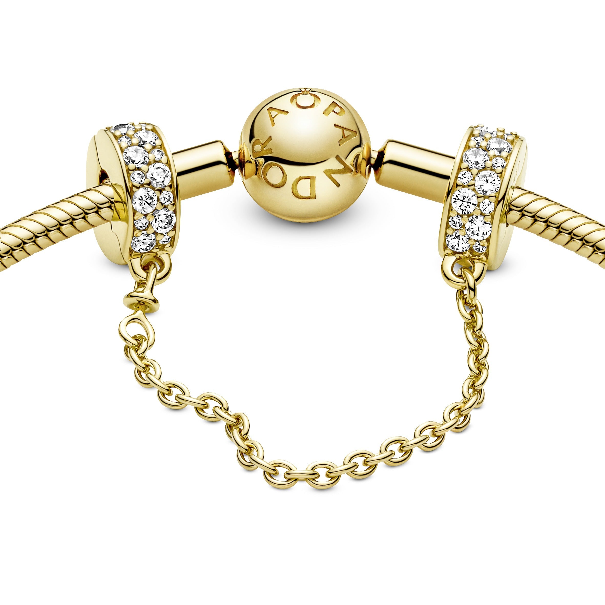 PANDORA Clear Pavé Safety Chain Clip Charm 14K Gold Plated Unique Metal Blend Charms Bracelet Charm Jewelry Gift