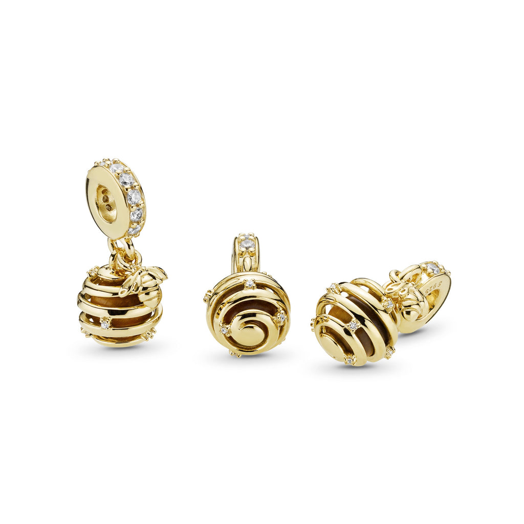 PANDORA Sparkling Beehive Dangle Charm 14K Gold Plated Unique Metal Blend Brown Animals Charms Bracelet Charm Jewelry Gift