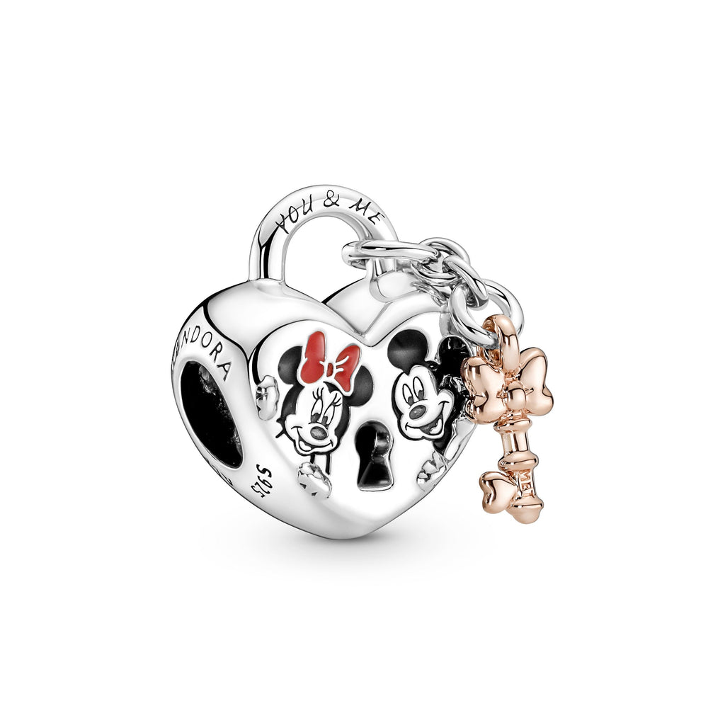 PANDORA Disney Mickey Mouse And Minnie Mouse Padlock Charm 14K Rose Gold Plated Unique Metal Blend Disney X PANDORA Charms Bracelet Charm Jewelry Gift