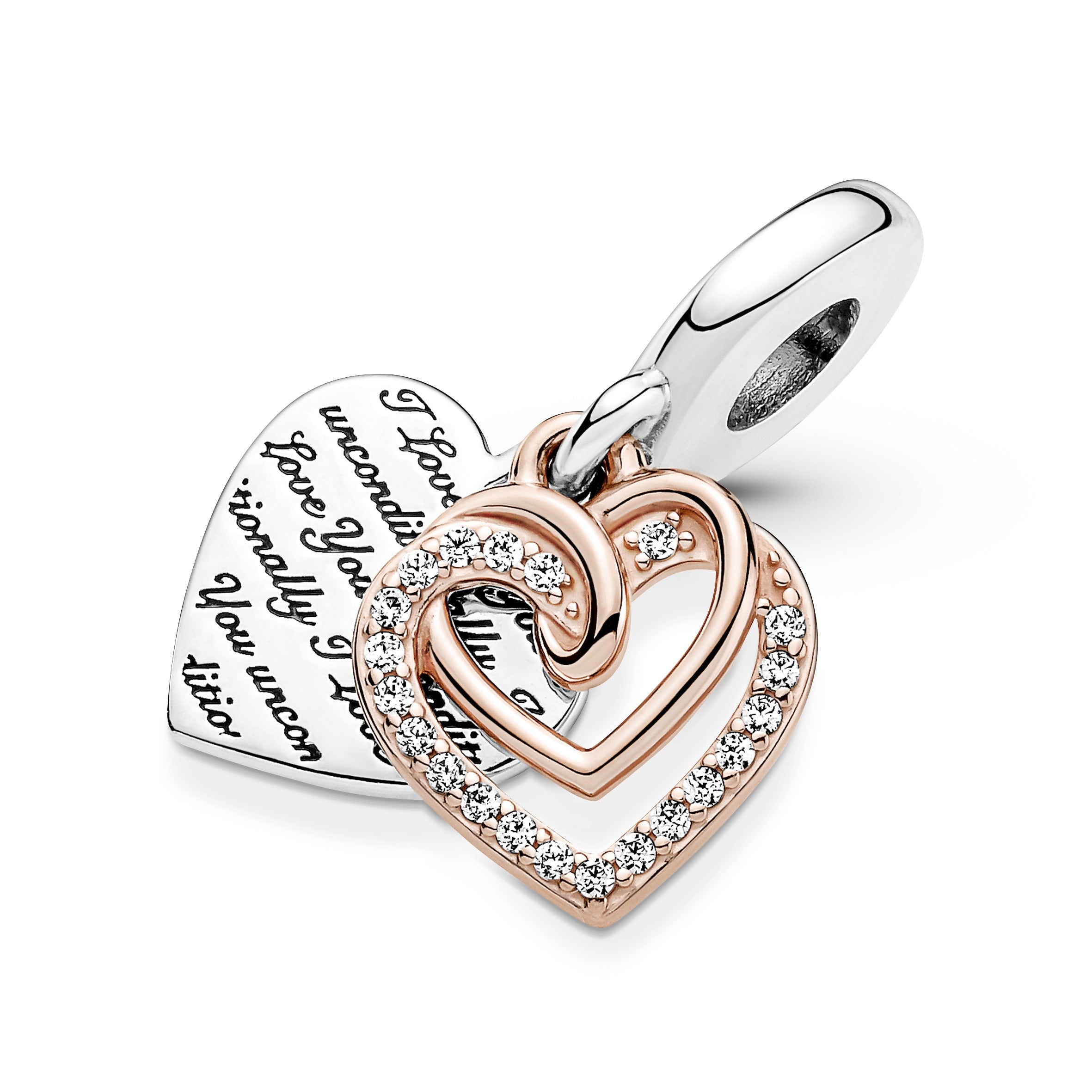 PANDORA Entwined Hearts Double Dangle Charm 14K Rose Gold Plated Unique Metal Blend Charms Bracelet Charm Jewelry Gift