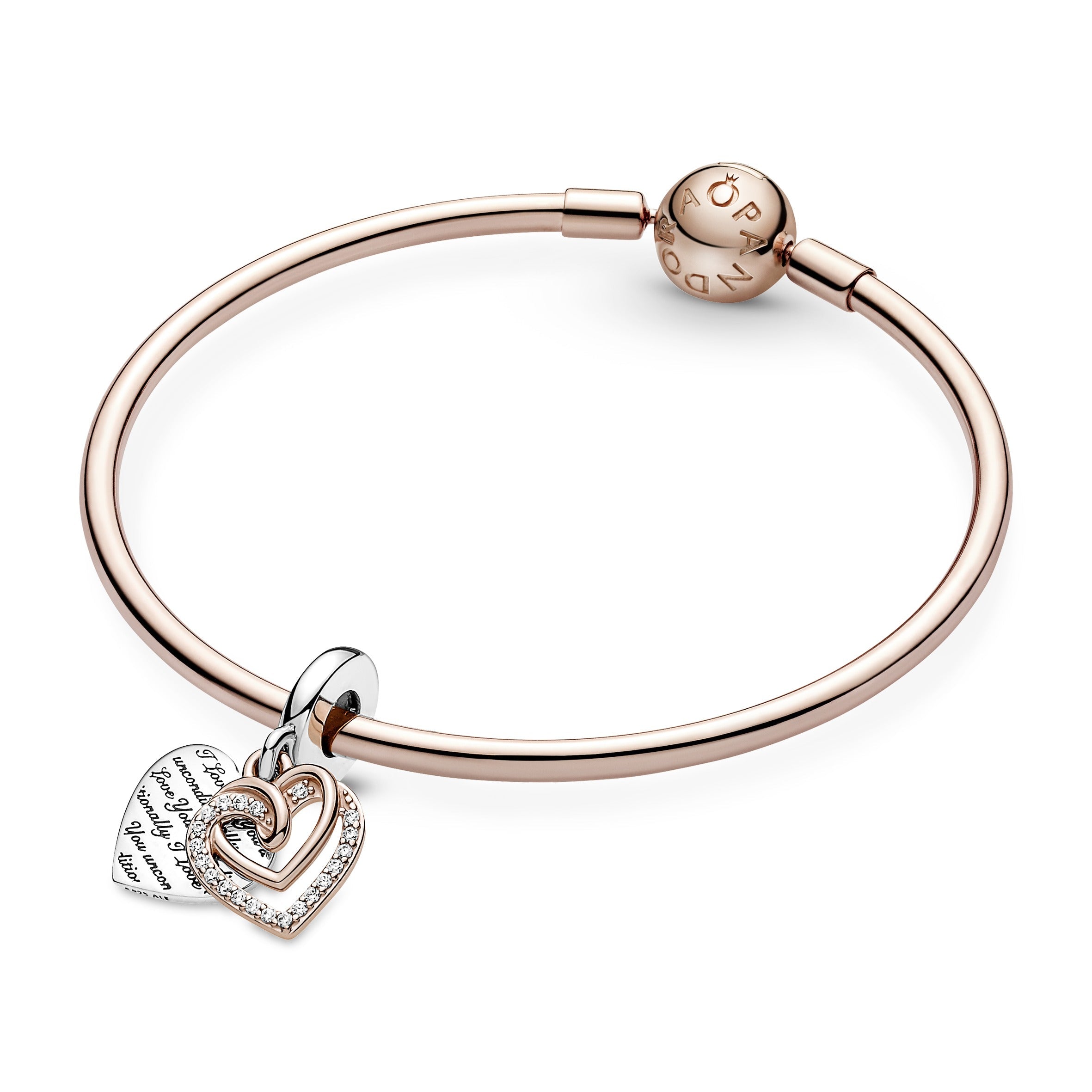 PANDORA Entwined Hearts Double Dangle Charm 14K Rose Gold Plated Unique Metal Blend Charms Bracelet Charm Jewelry Gift