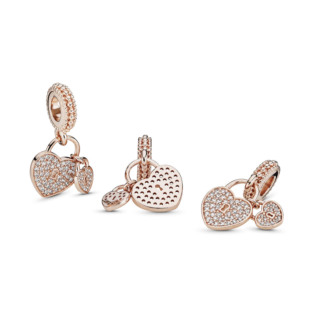 PANDORA Pavé Heart Padlocks Dangle Charm 14K Rose Gold Plated Unique Metal Blend Love Charms Bracelet Charm Jewelry Gift