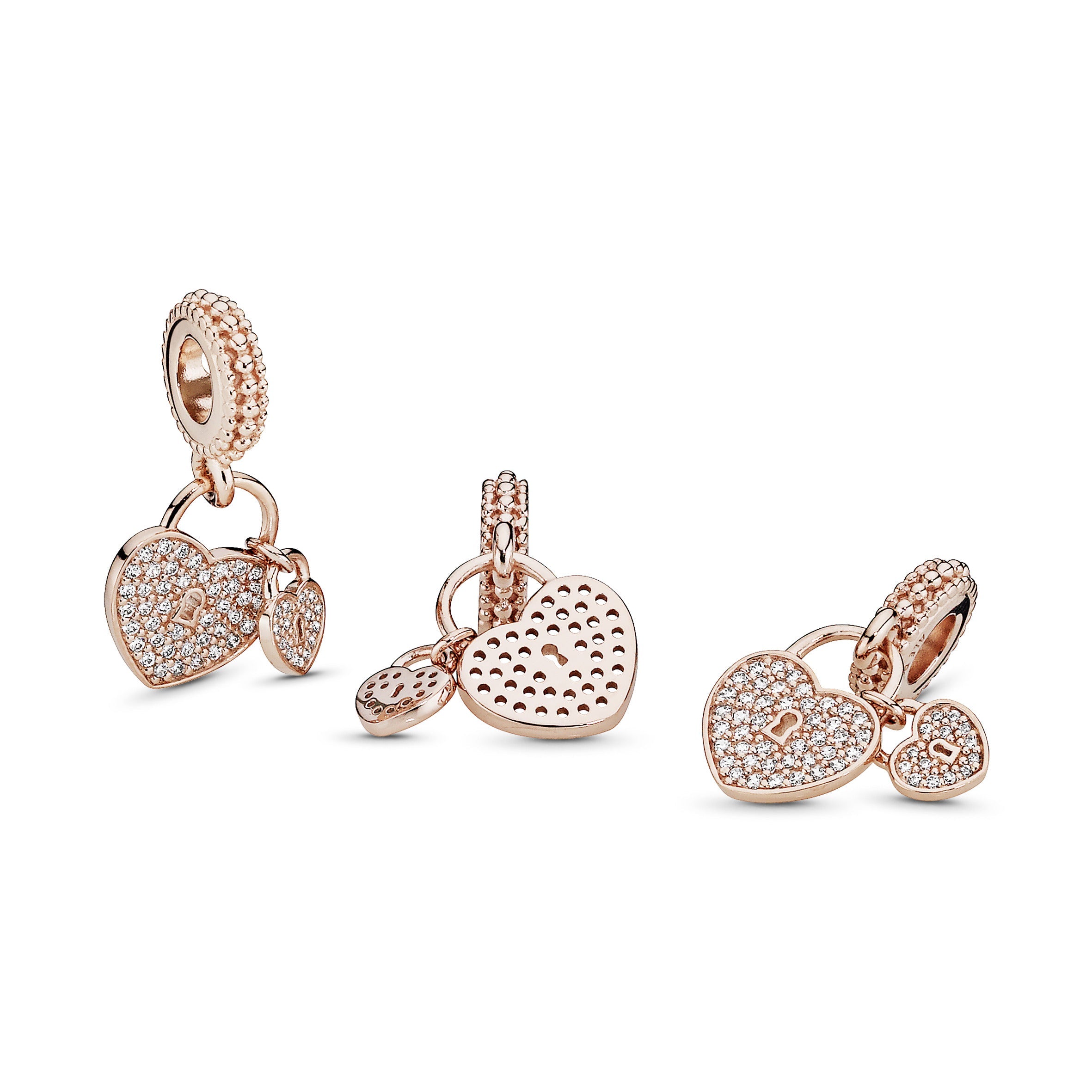 PANDORA Pavé Heart Padlocks Dangle Charm 14K Rose Gold Plated Unique Metal Blend Love Charms Bracelet Charm Jewelry Gift